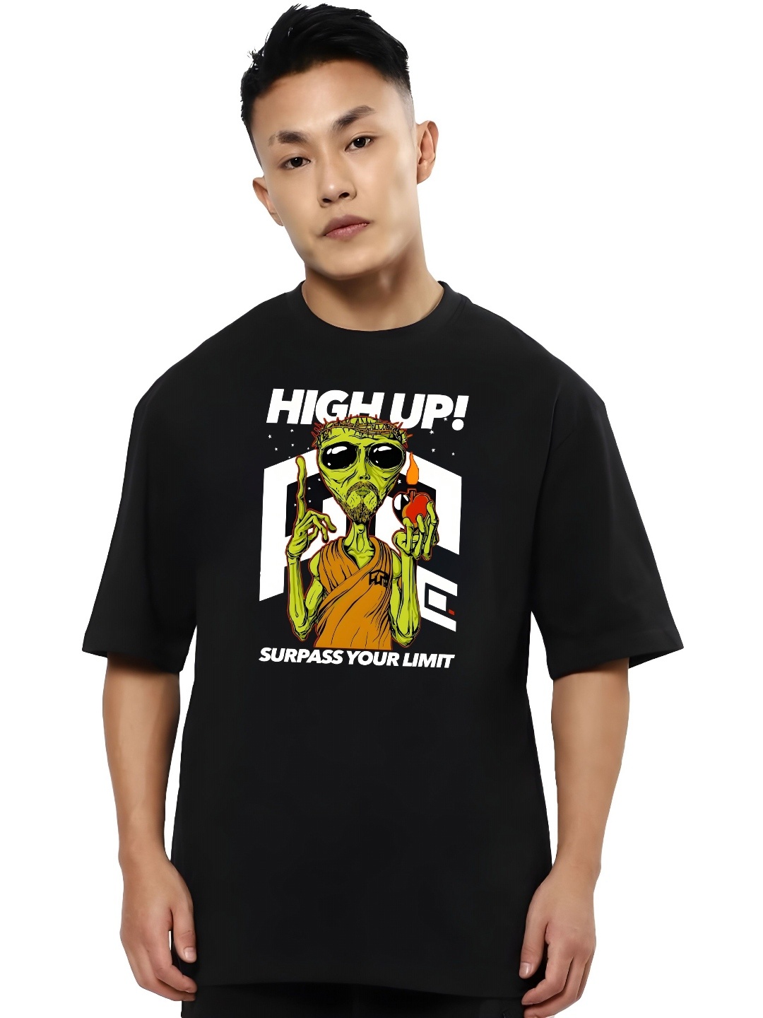 

THE BEETEL HOUSE Men Graphic Printed Round Neck Cotton Oversized Longline T-shirt, Black