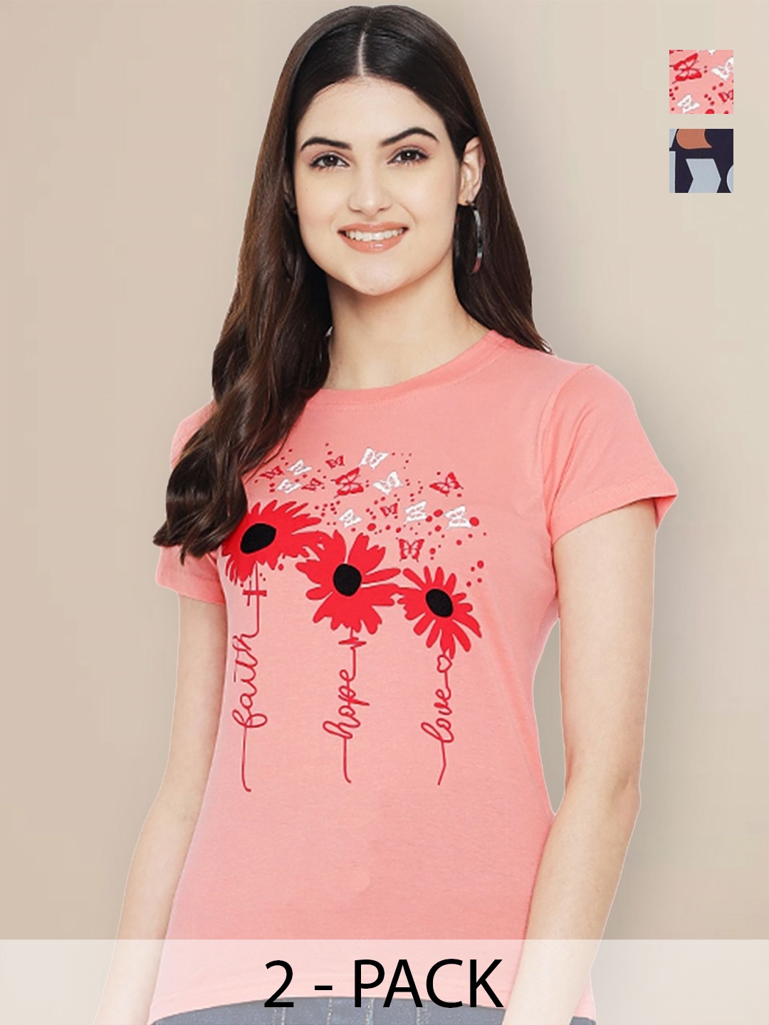

GLOBAL NOMAD Women Pack of 2 Geometric Printed Round Neck Cotton T-shirts, Peach