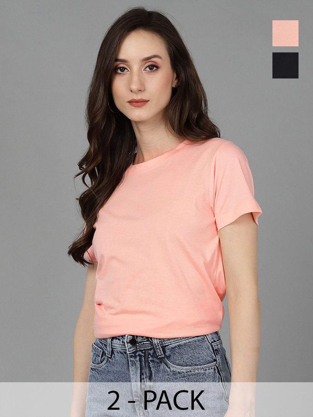 

Adyavastram Women Pack Of 2 Solid Round Neck Cotton T-shirts, Pink