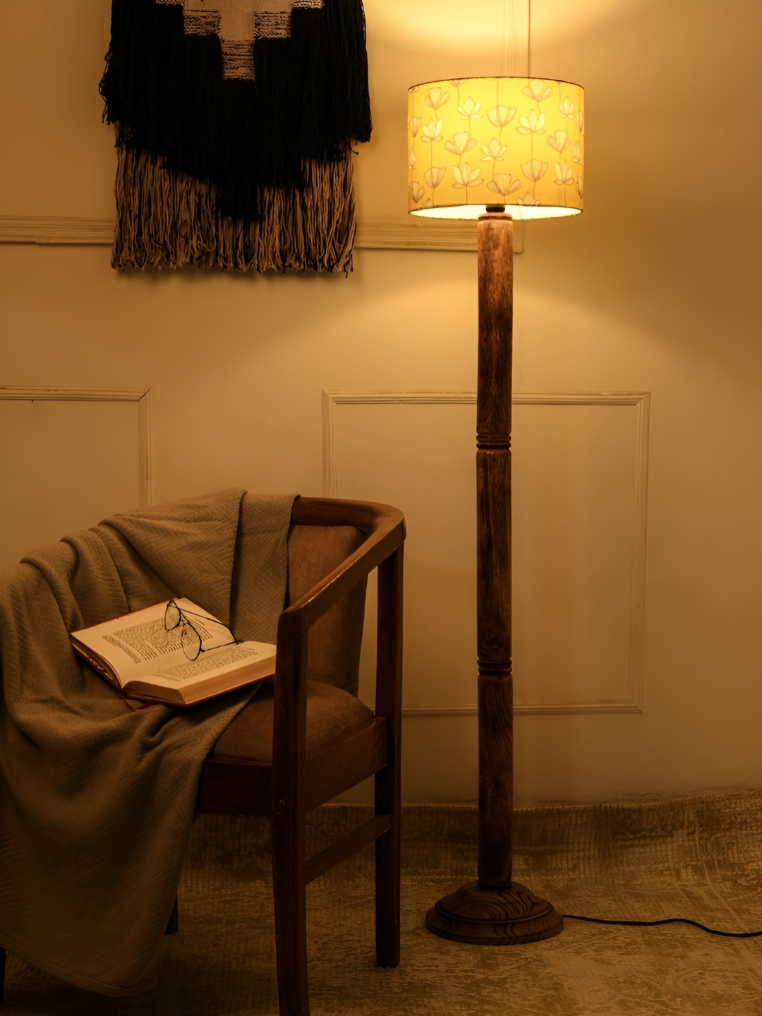 

green girgit Brown & Mustard Printed Wooden Cylinder Shaped Floor Lamp