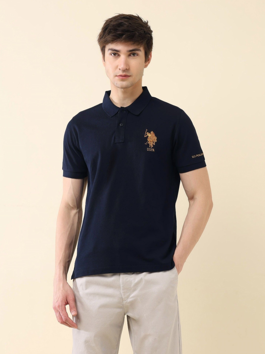 

U.S. Polo Assn. Men Solid Polo Collar Cotton Slim Fit T-shirt, Navy blue