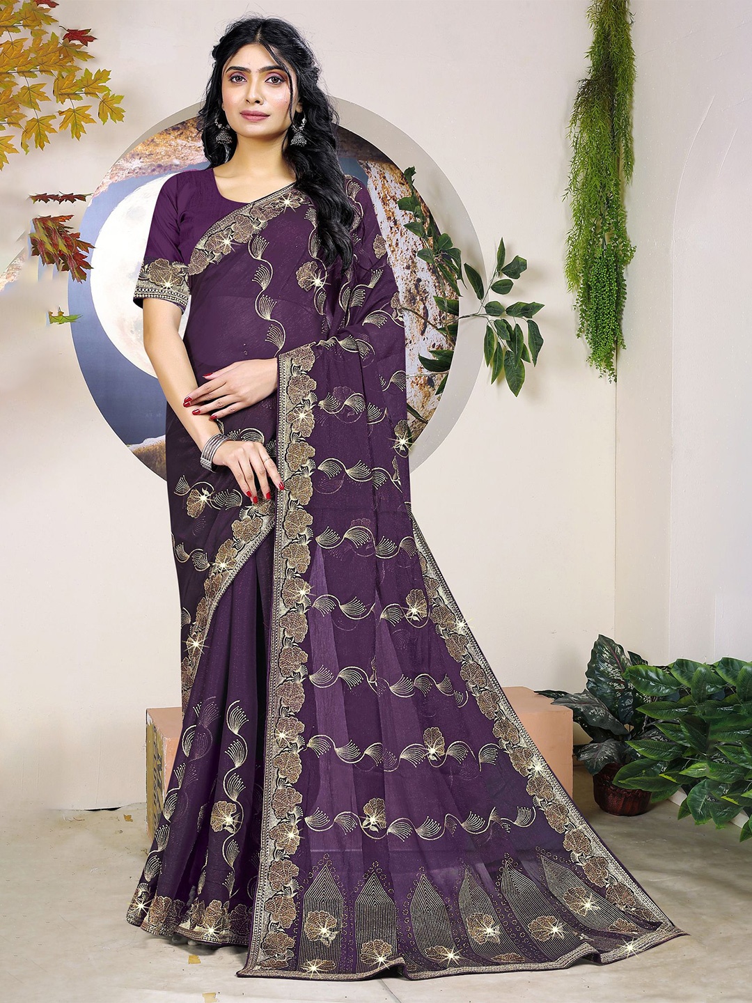 

ANJANI TEXTILE Ethnic Motifs Beads and Stones Tissue Heavy Work Saree, Purple
