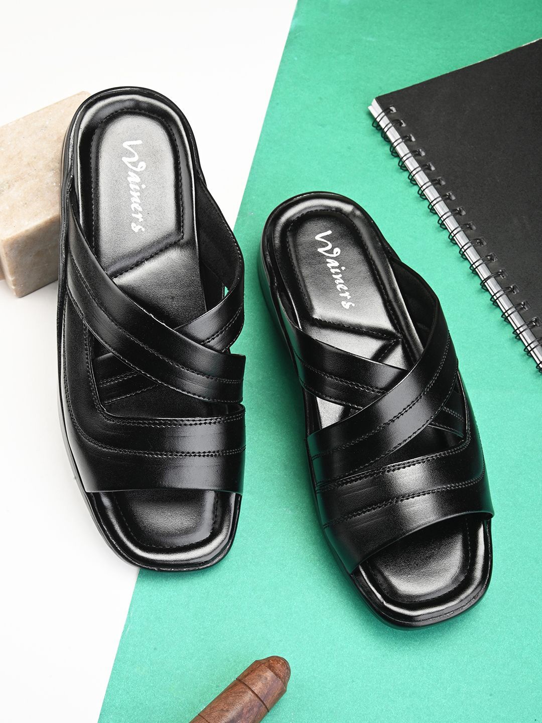 

WAINERS Men Leather Comfort Sandals, Black