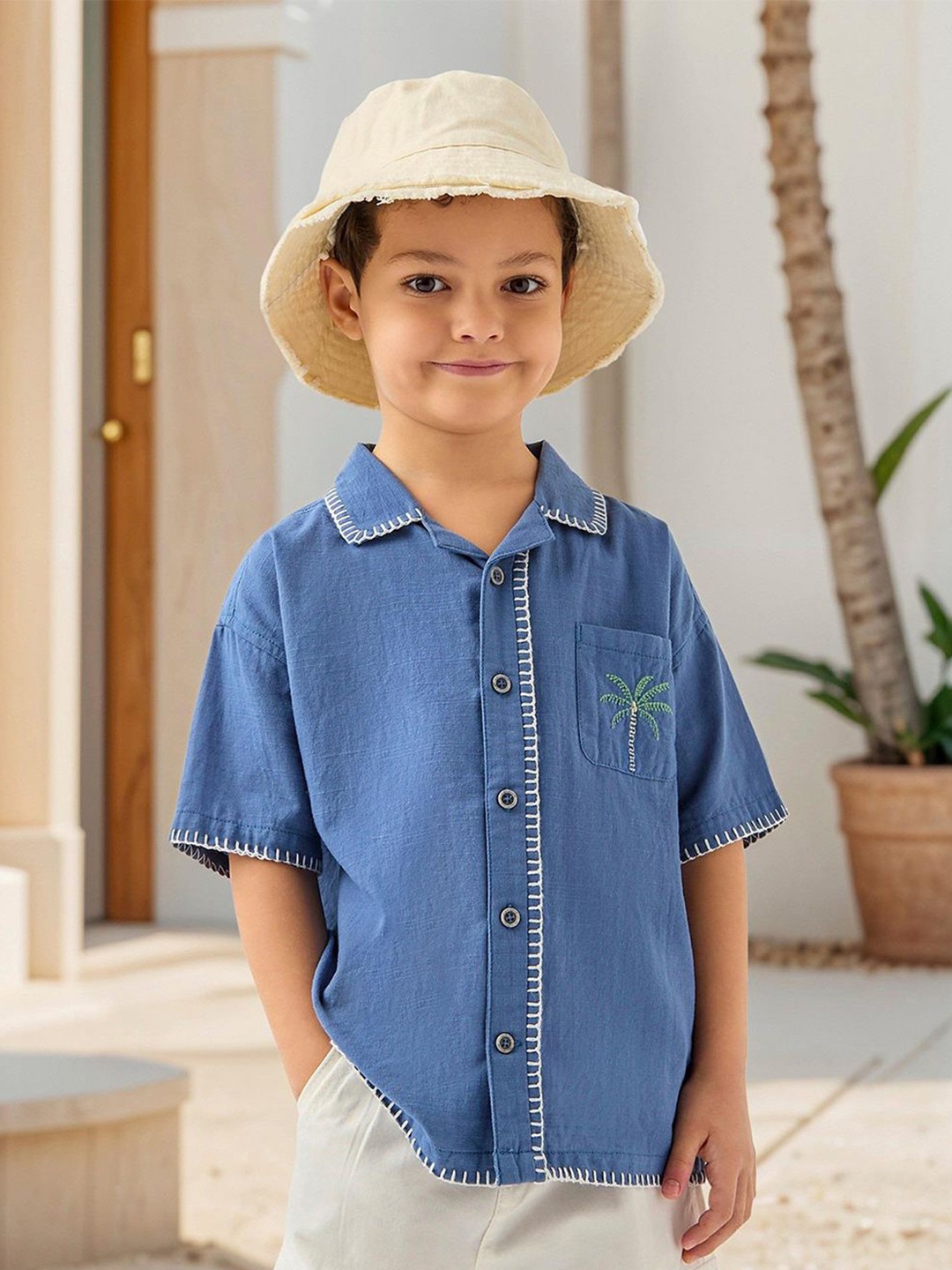 

Juniors by Babyshop Boys Cuban Collar Solid Cotton Casual Shirt, Blue