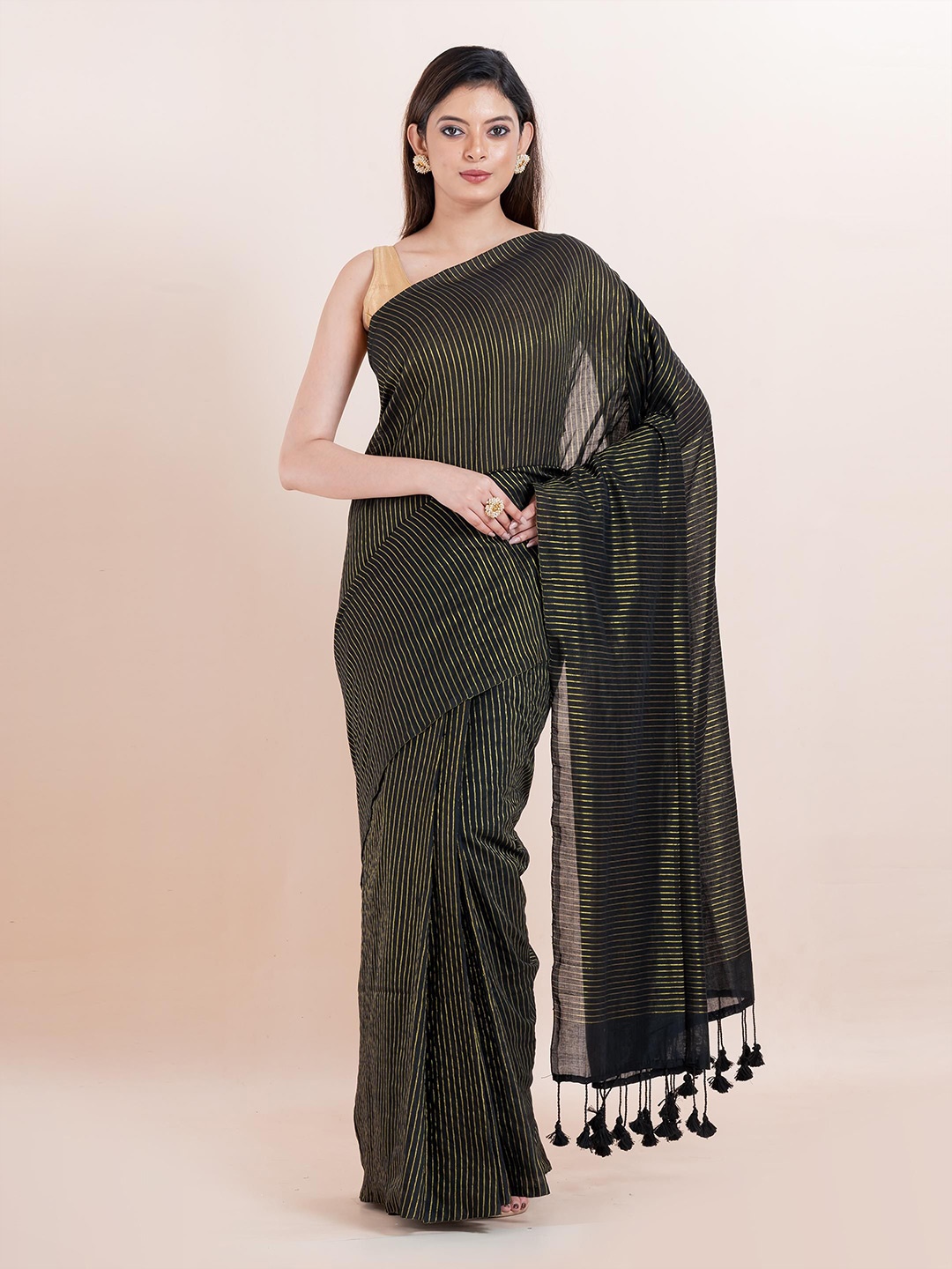 

PUKU Striped Daily Handloom Saree, Black