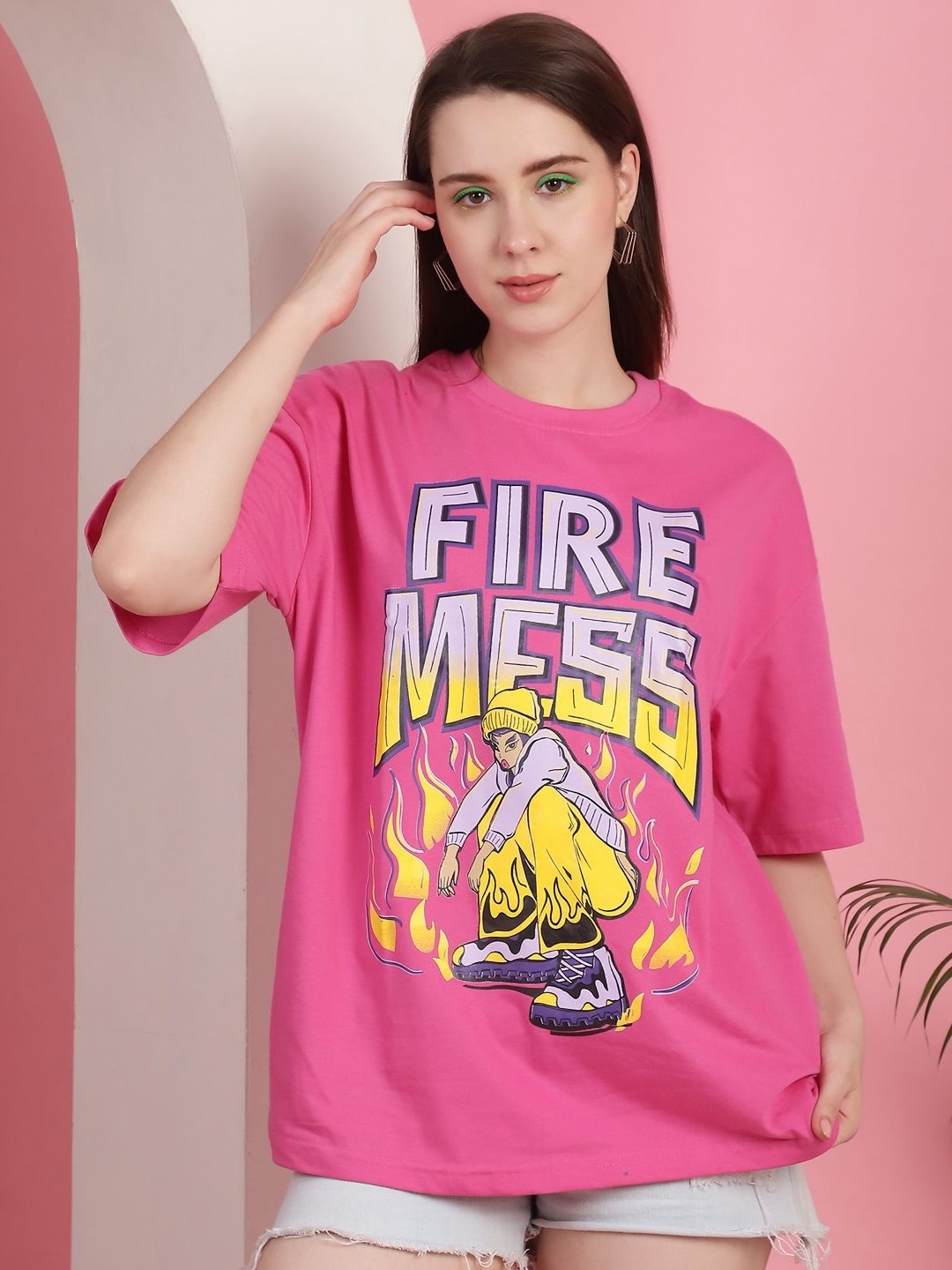 

Metronaut Women Graphic Printed Round Neck Cotton Oversized T-shirt, Pink