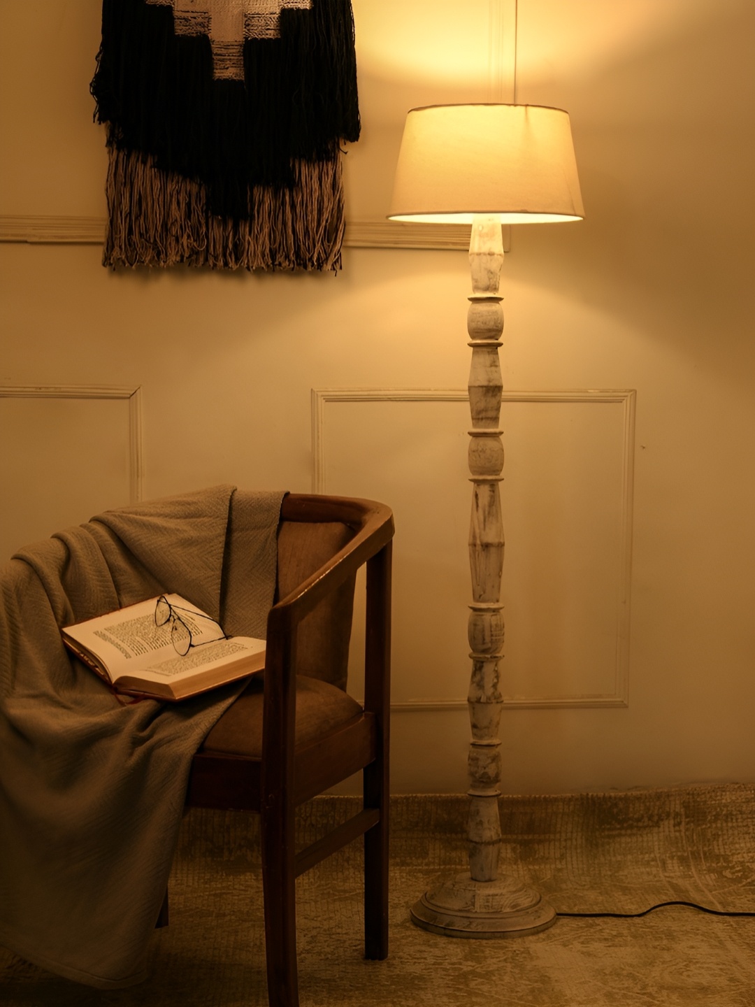 

green girgit White & Beige Wooden Frustum Shaped Floor Lamp