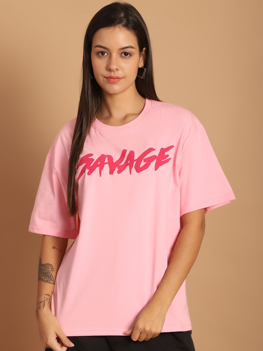 

Metronaut Women Graphic Printed Round Neck Cotton Oversized T-shirt, Pink