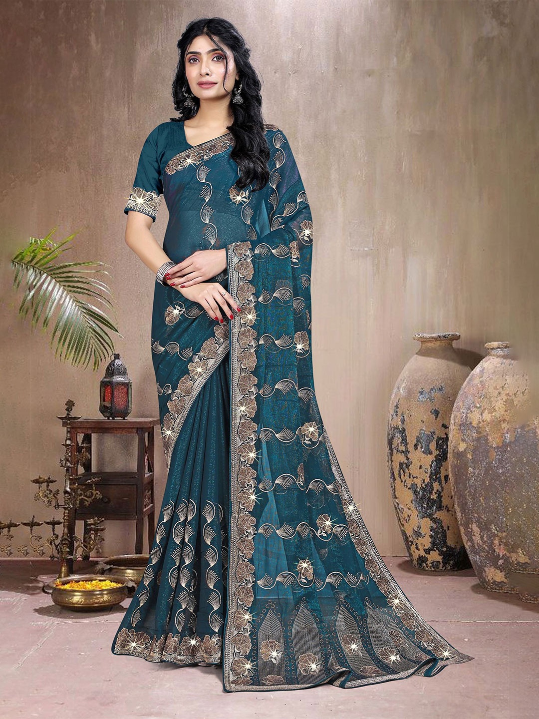 

ANJANI TEXTILE Floral Embroidered Beads and Stones Tissue Saree, Turquoise blue