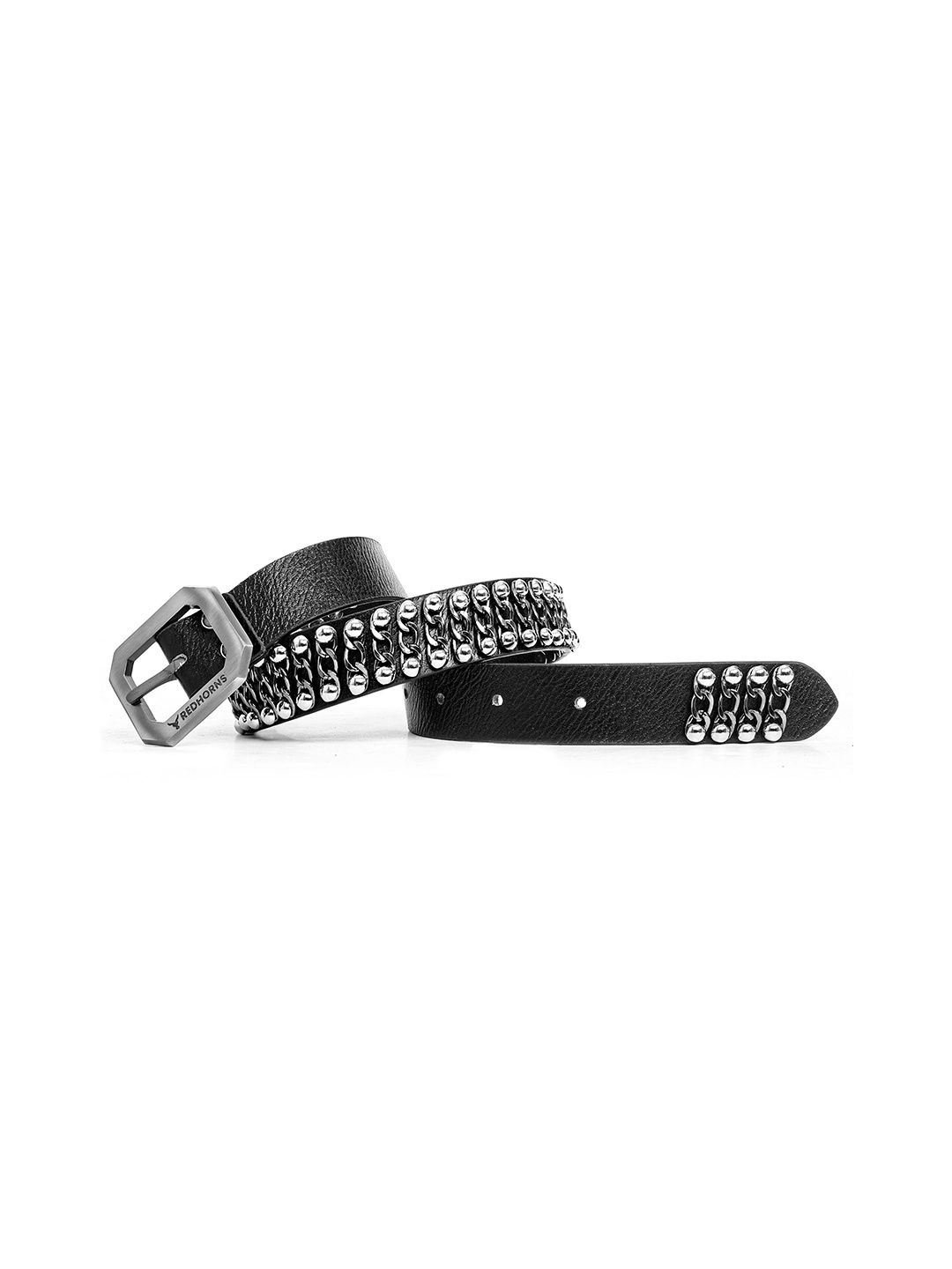 

REDHORNS Men Embellished Leather Belt, Black