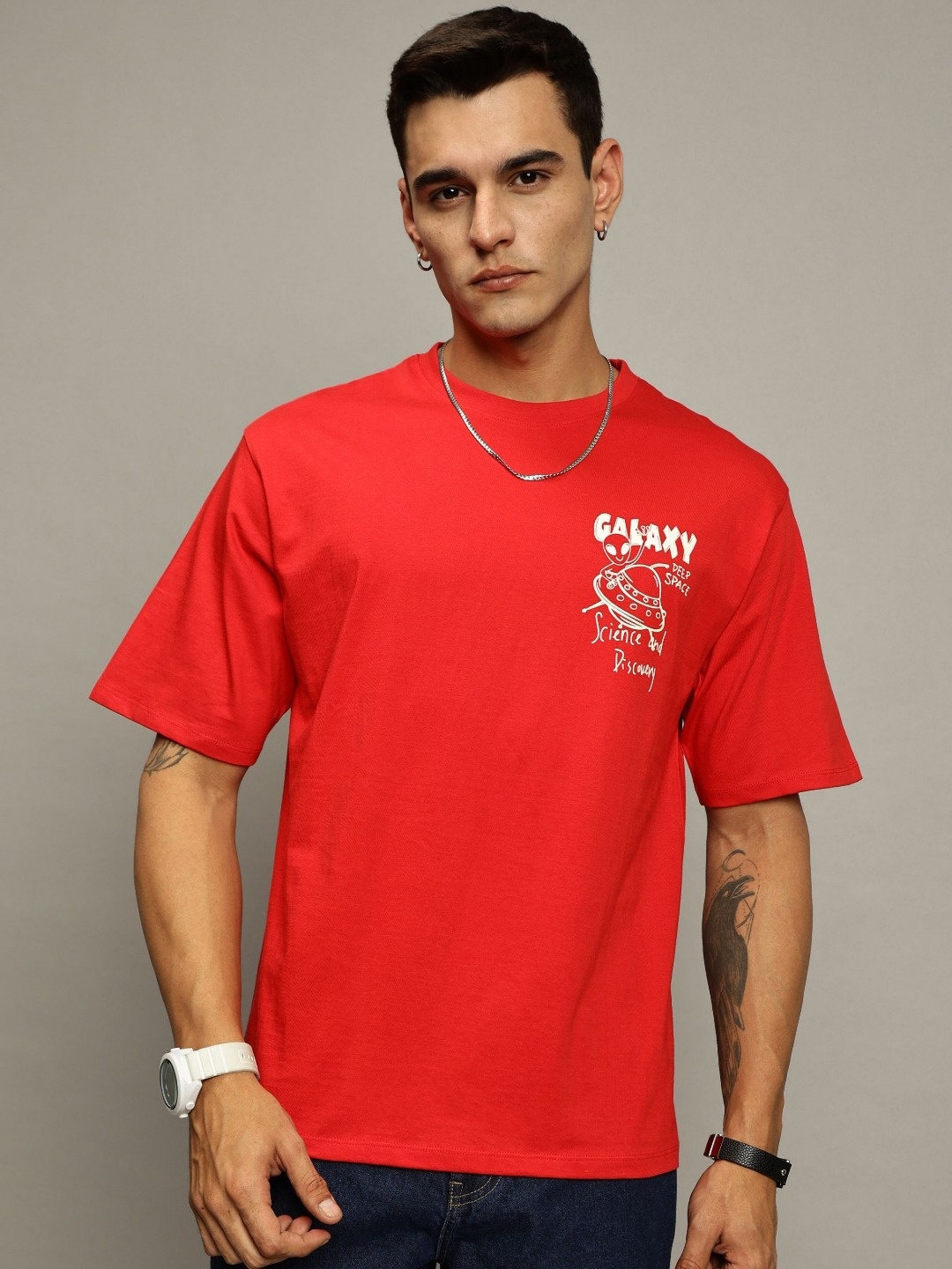 

MORSE CODE Men Graphic Printed Oversized Cotton T-shirt, Red