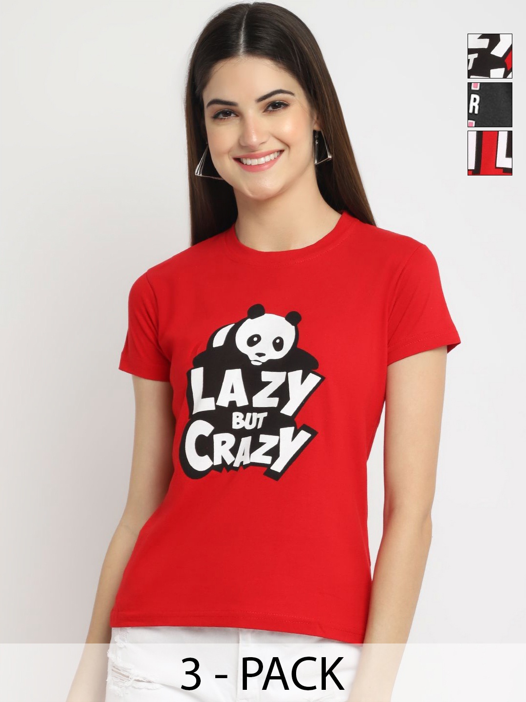 

Dreambe Women Pack of 3 Typography Printed Round Neck Cotton T-shirts, Red
