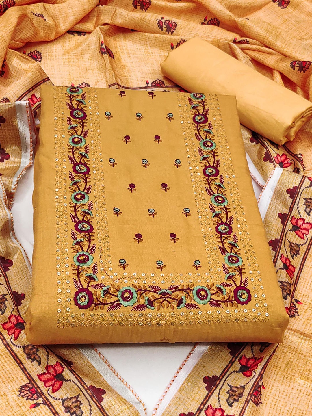 

SHADOW & SAINING Floral Embroidered Sequinned Parampara Silk Unstitched Dress Material, Yellow