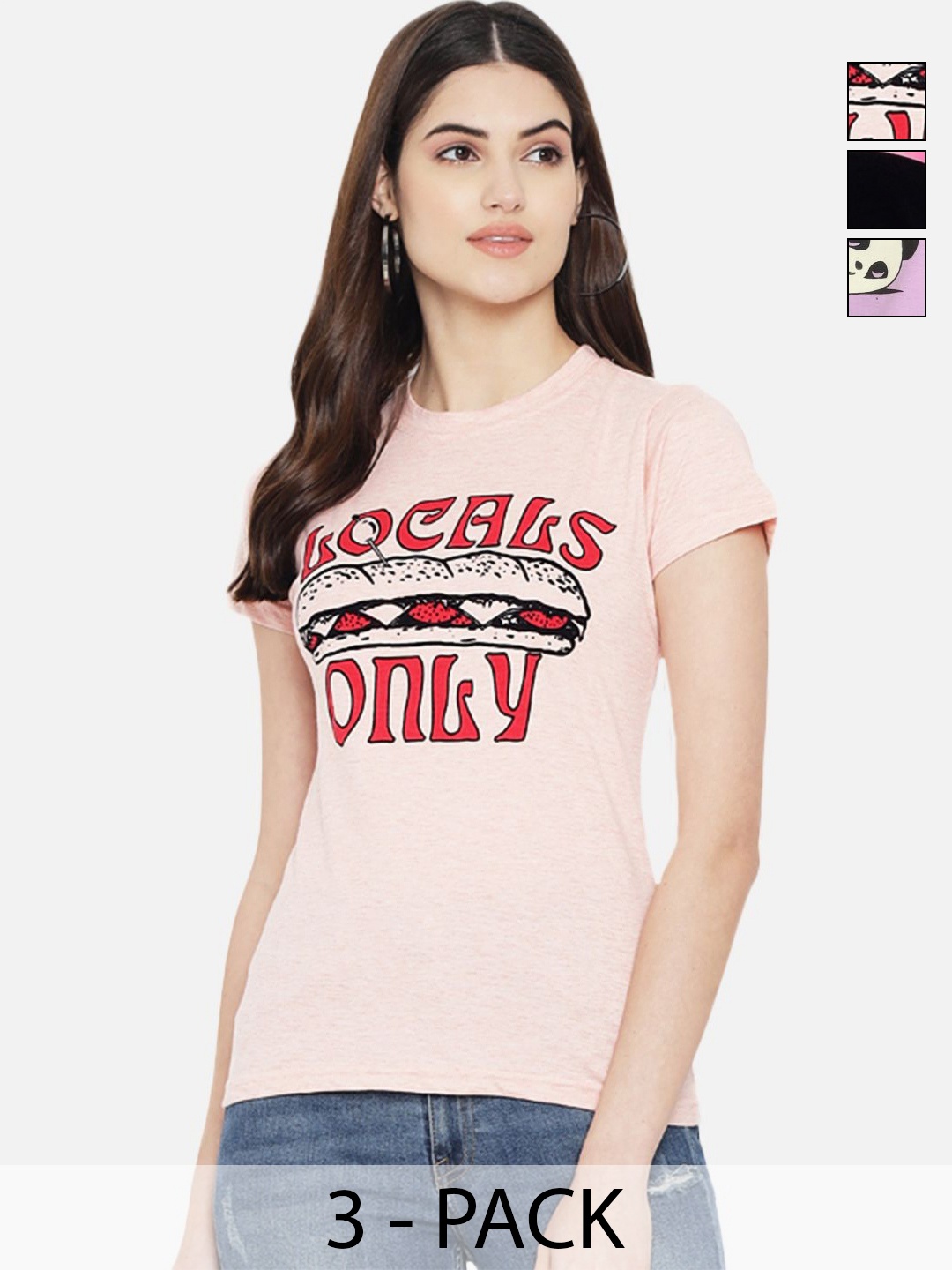 

Dreambe Women Pack of 3 Graphic Printed Round Neck Cotton T-shirts, Peach