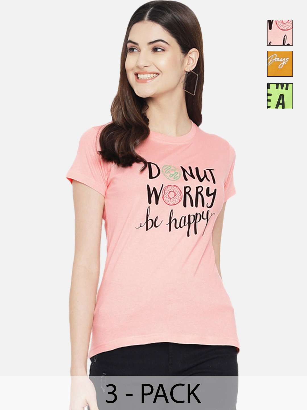 

Dreambe Women Pack of 3 Typography Printed Round Neck Cotton T-shirts, Peach