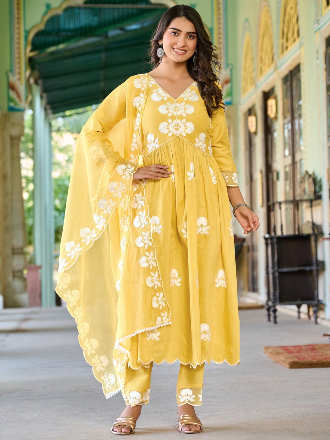 

ASCIIBLUES Floral Embroidered Pleated Thread Work A-Line Kurta With Trousers & Dupatta, Yellow