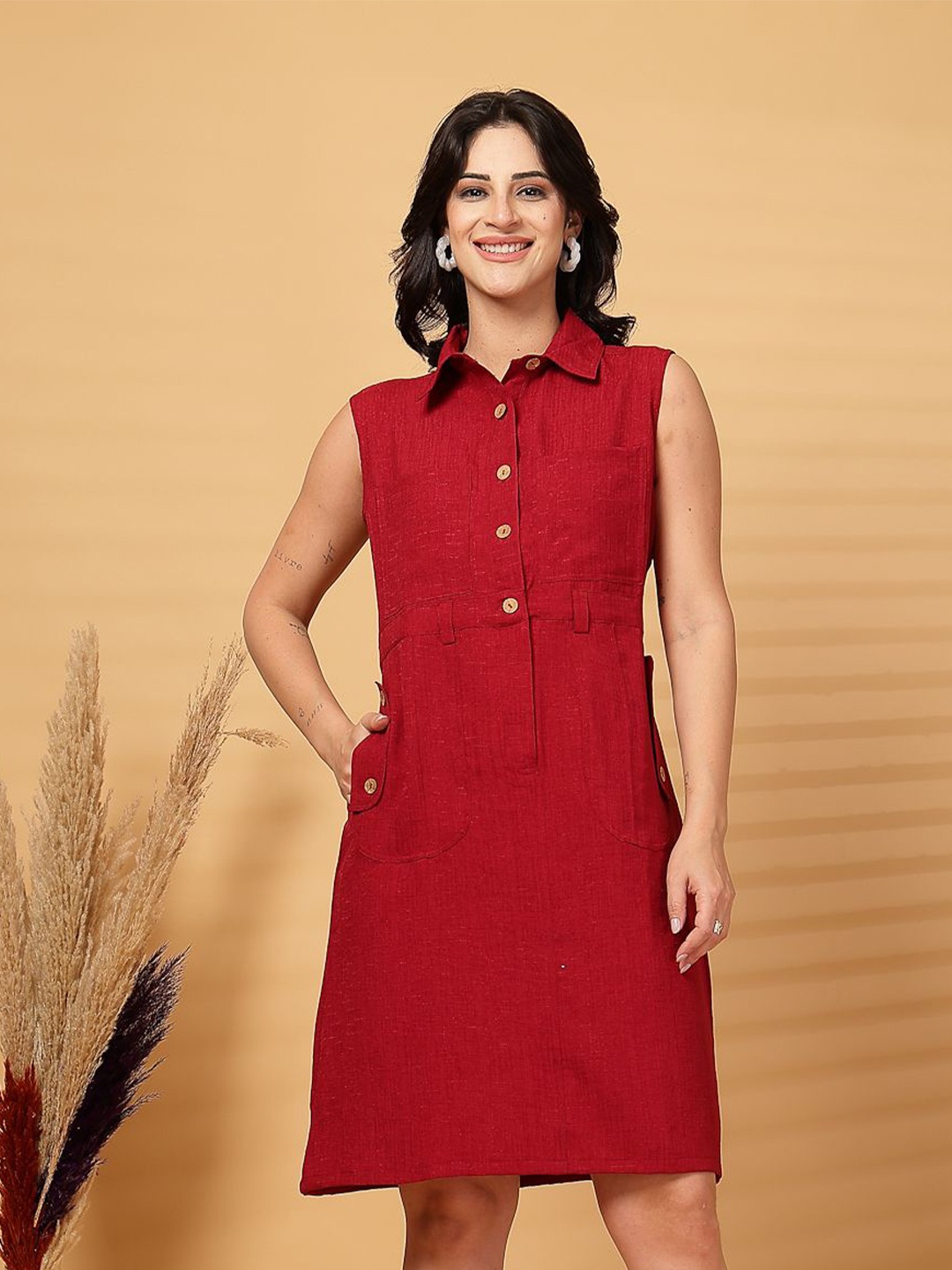 

plusS Women Solid Red A-Line Shirt Collar Neck Dress