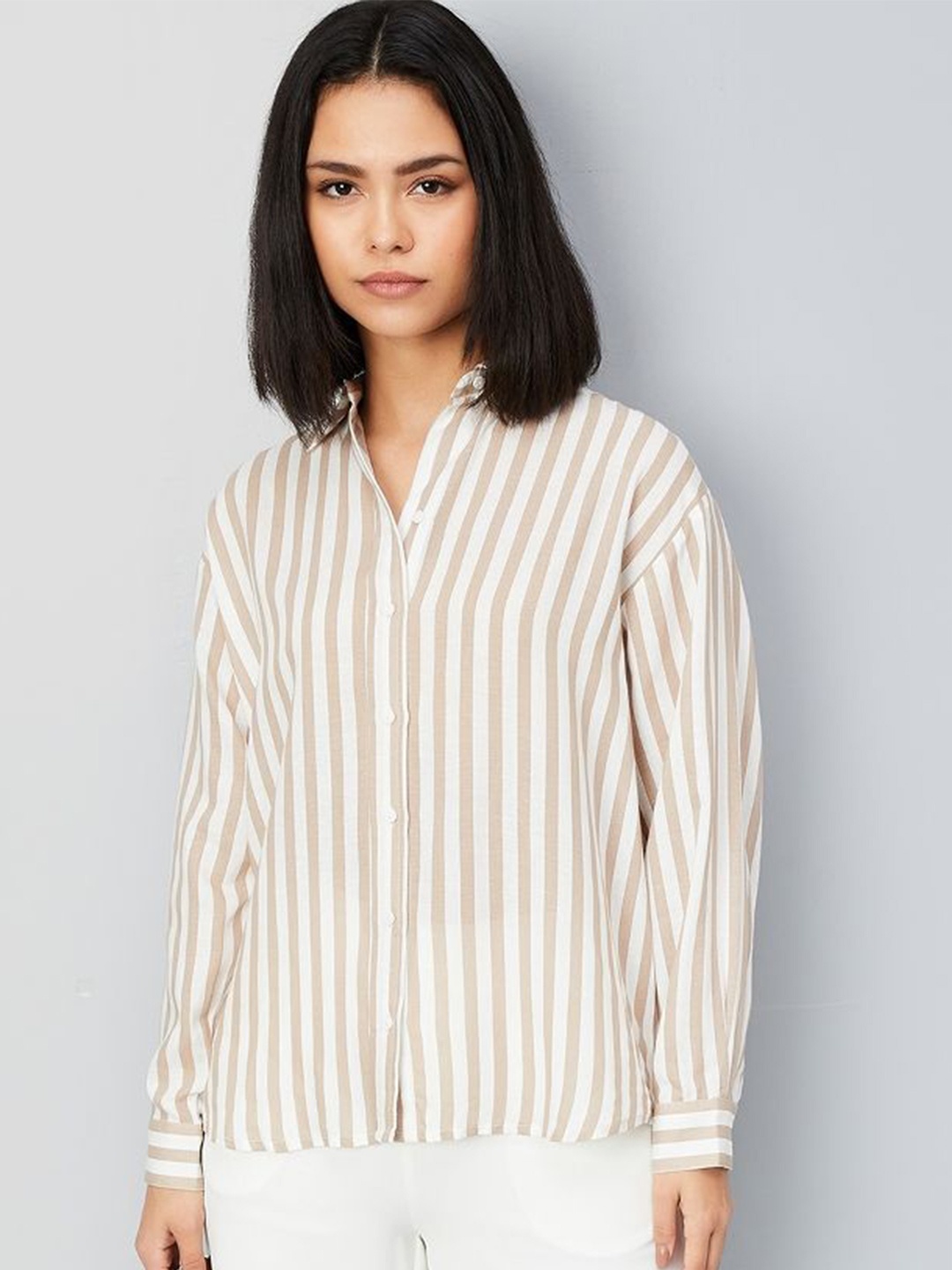 

max Women Opaque Striped Casual Shirt, Beige