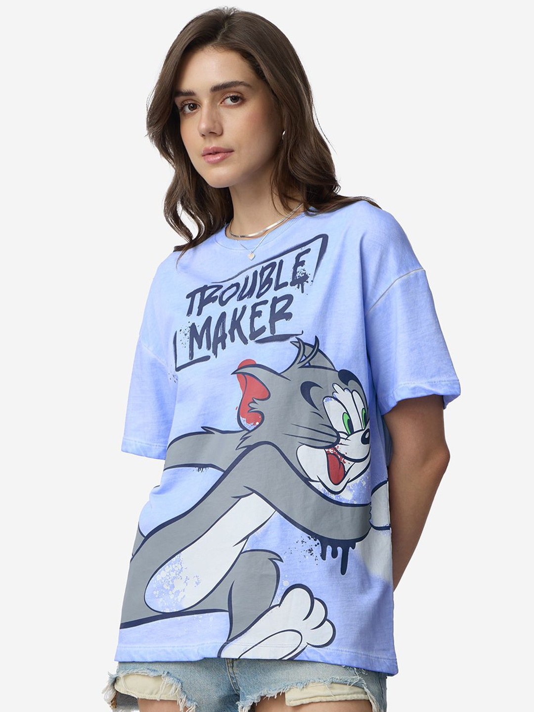 

The Souled Store Women Tom & Jerry Graphic Printed Round Neck Cotton Oversized T-shirt, Blue
