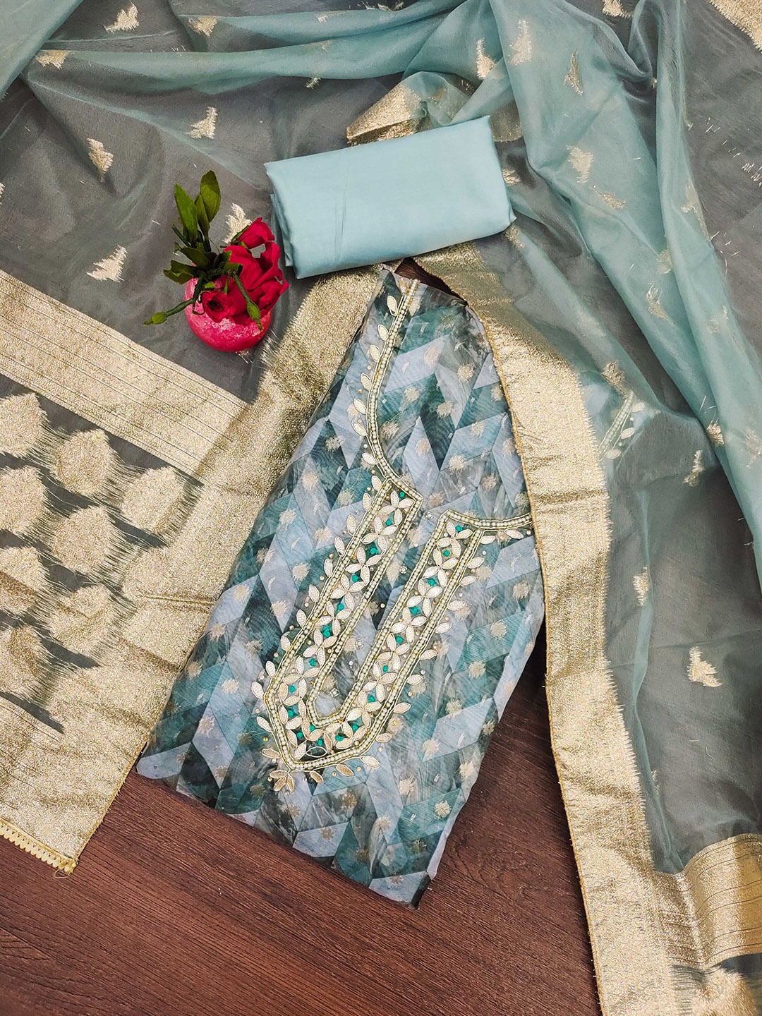 

SHADOW & SAINING Floral Woven Design Organza Jacquard Semi-Stitched Dress Material, Teal