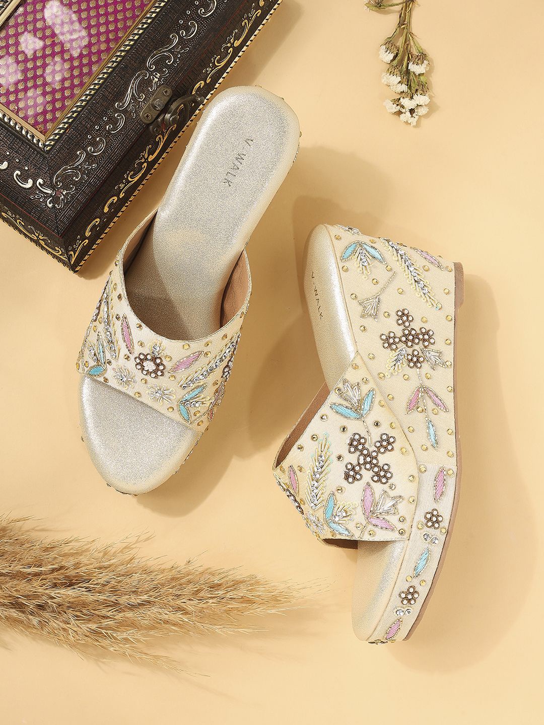 

V-WALK Women Embellished Party Wedge Sandals, Gold