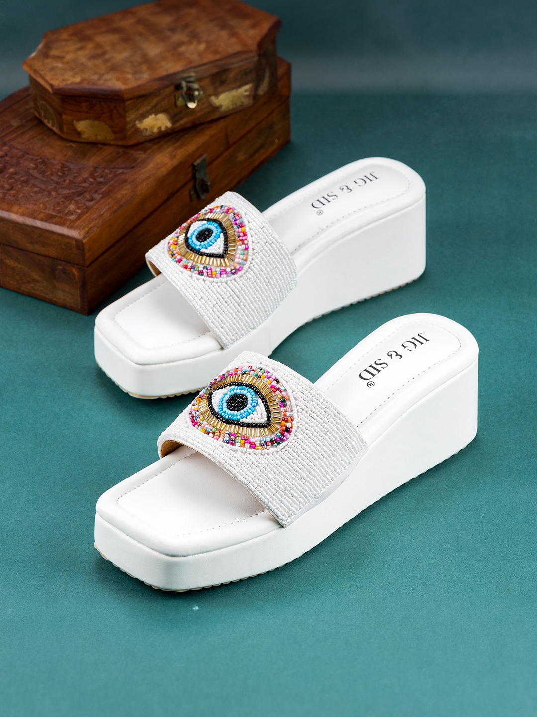 

JIG & SID Women Embellished Evil Eye Wedge Heels, White