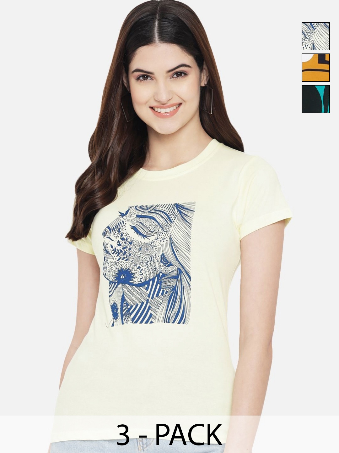 

Dreambe Women Pack of 3 Graphic Printed Round Neck Cotton T-shirts, Cream