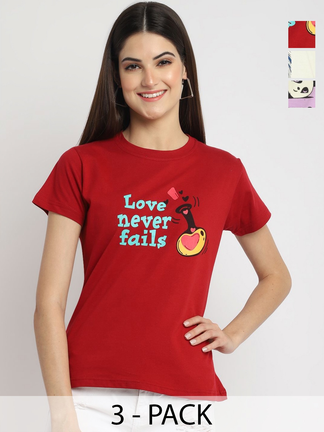 

Dreambe Women Pack of 3 Graphic Printed Round Neck Cotton T-shirts, Red