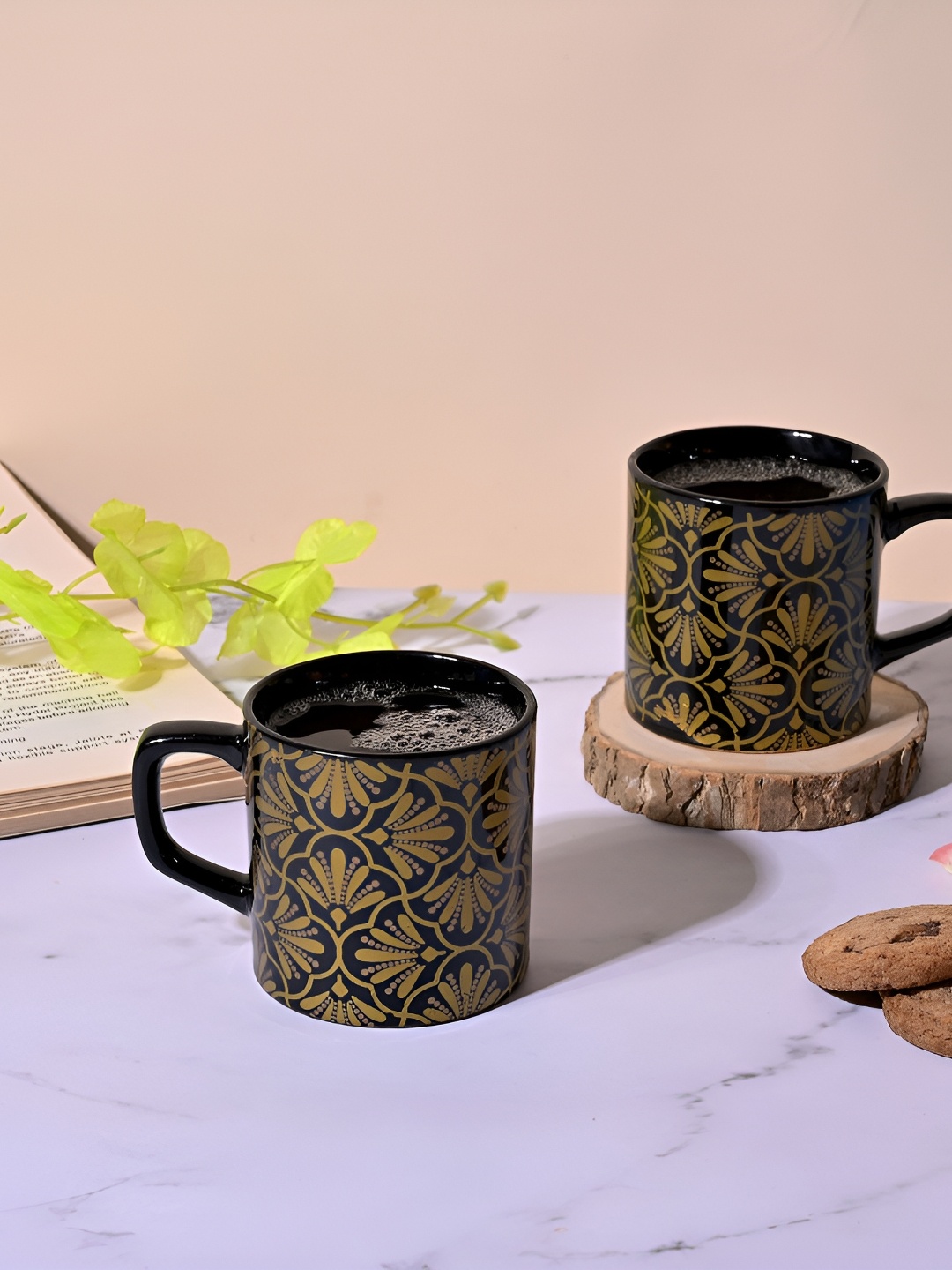 

Storepedia Black & Gold-Toned 2 Pieces Textured Ceramic Matte Cups 150ml Each