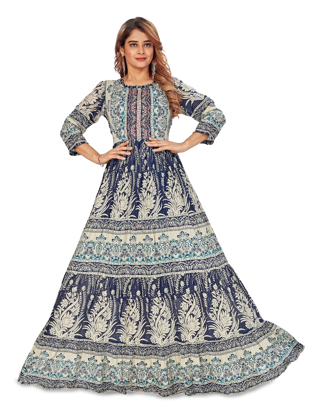 

Amchoor Women Cotton Floral Printed A-Line Maxi Dress, Blue