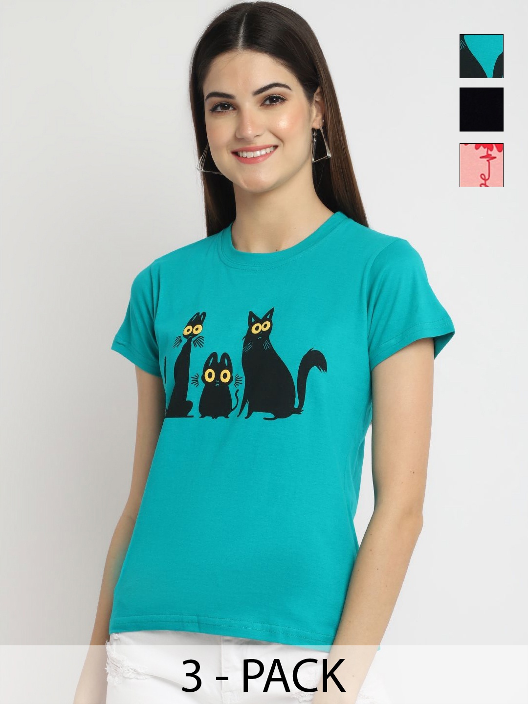 

Dreambe Women Pack of 3 Graphic Printed Round Neck Cotton T-shirts, Teal