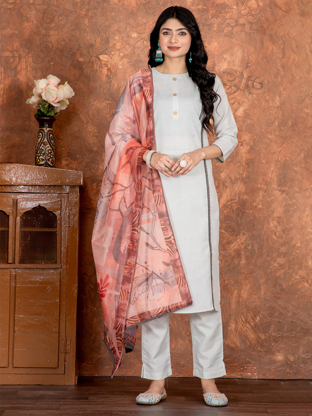 

Fashion Basket Round Neck Cotton Silk Straight Kurta With Trousers & Dupatta, White
