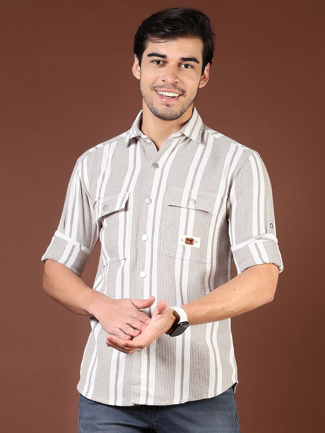 

V-Mart Men Spread Collar Vertical Striped Cotton Casual Shirt, Grey