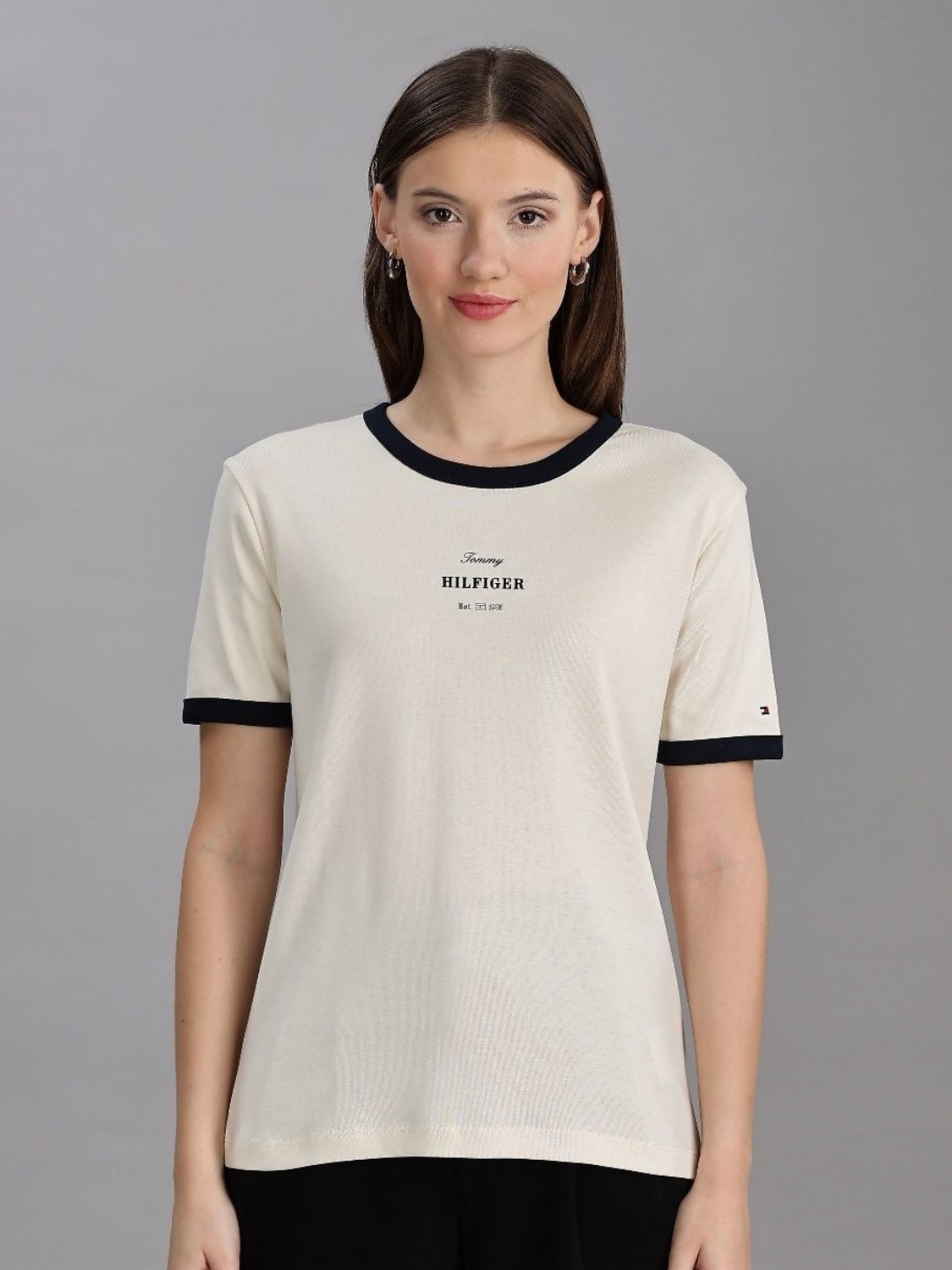 

Tommy Hilfiger Women Typography Printed Round Neck Cotton T-shirt, Cream