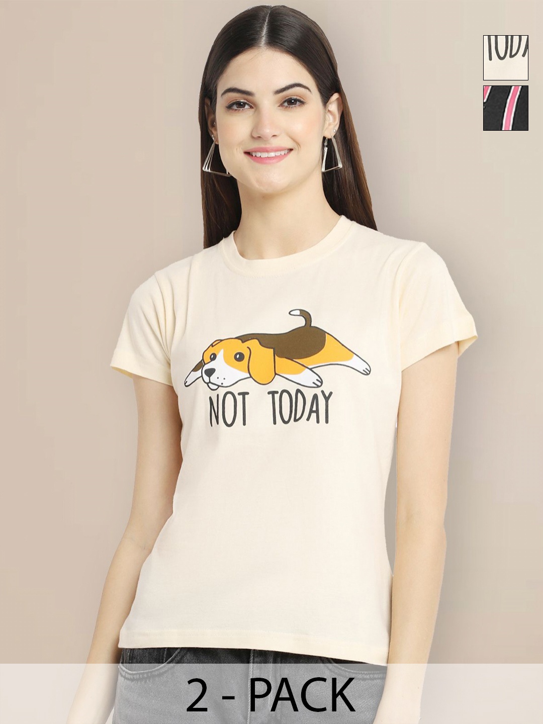

GLOBAL NOMAD Women Pack Of 2 Typography Printed Cotton T-shirts, Cream