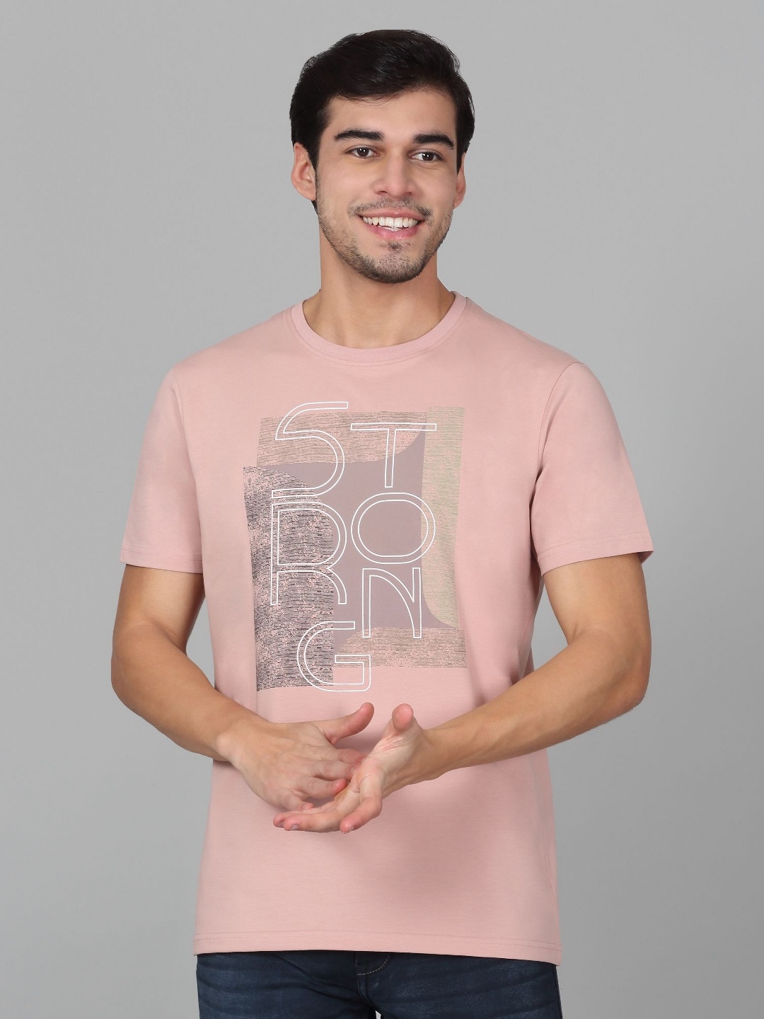 

Cantabil Men Typography Printed Round Neck Cotton T-shirt, Peach