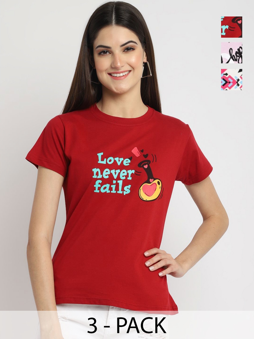 

Dreambe Women Pack of 3 Graphic Printed Round Neck Cotton T-shirts, Red