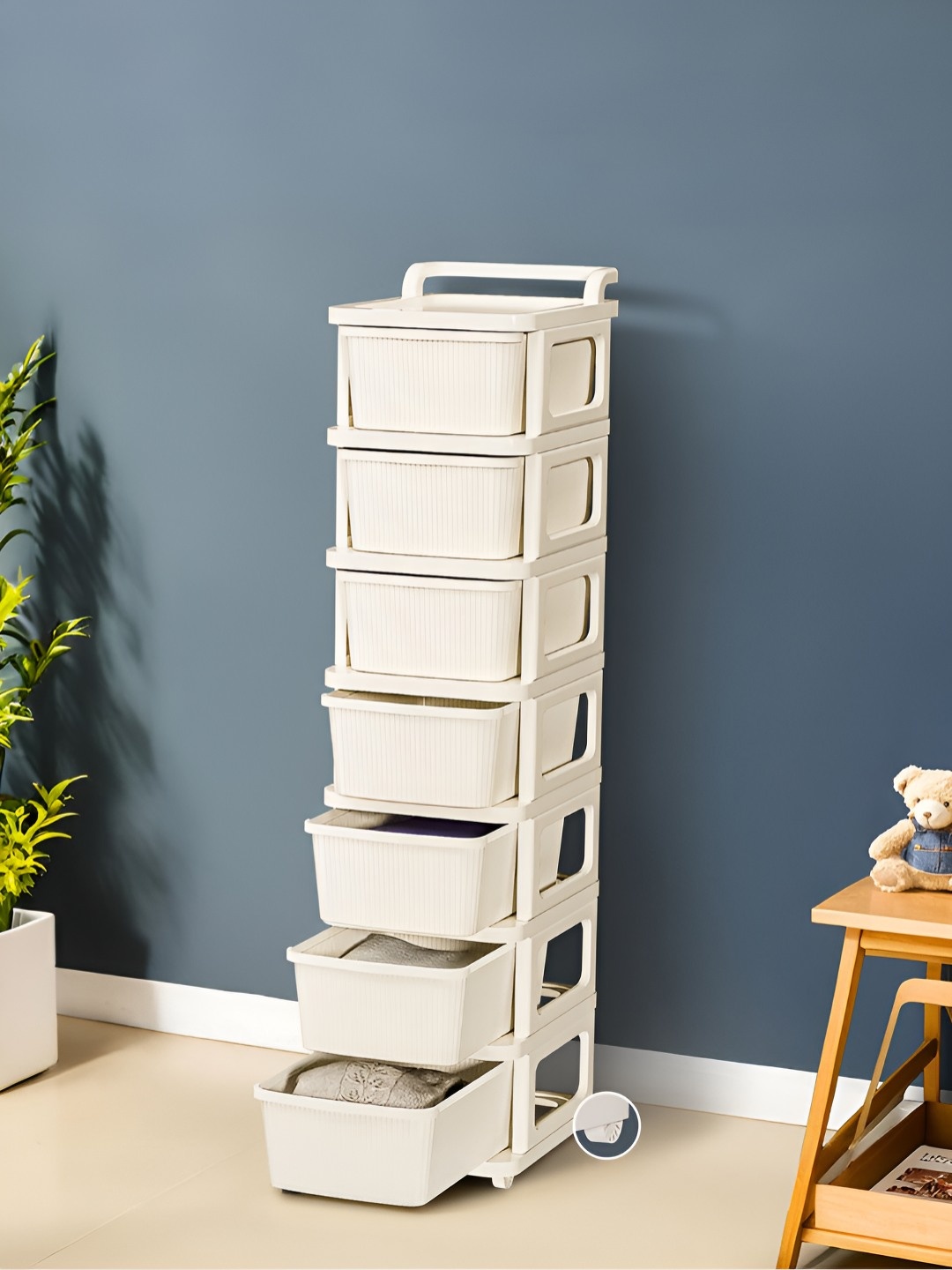 

Kuber Industries Cream-Colored Textured 7-Layer Storage Drawer Organizer With Wheels