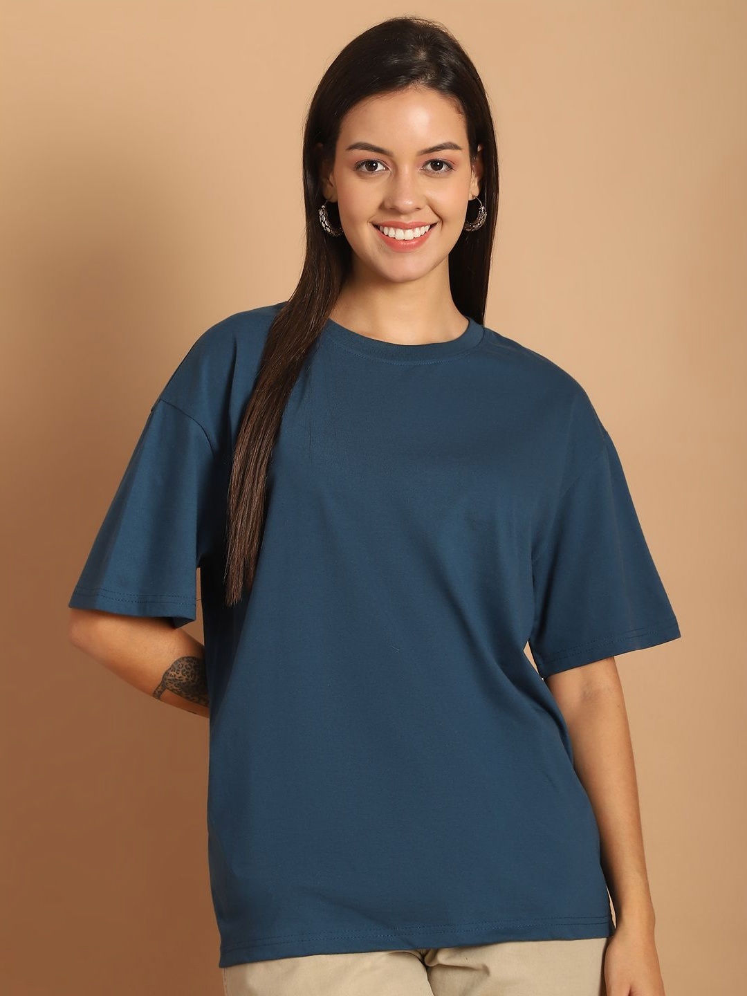 

Metronaut Women Graphic Printed Round Neck Cotton Oversized T-shirt, Blue