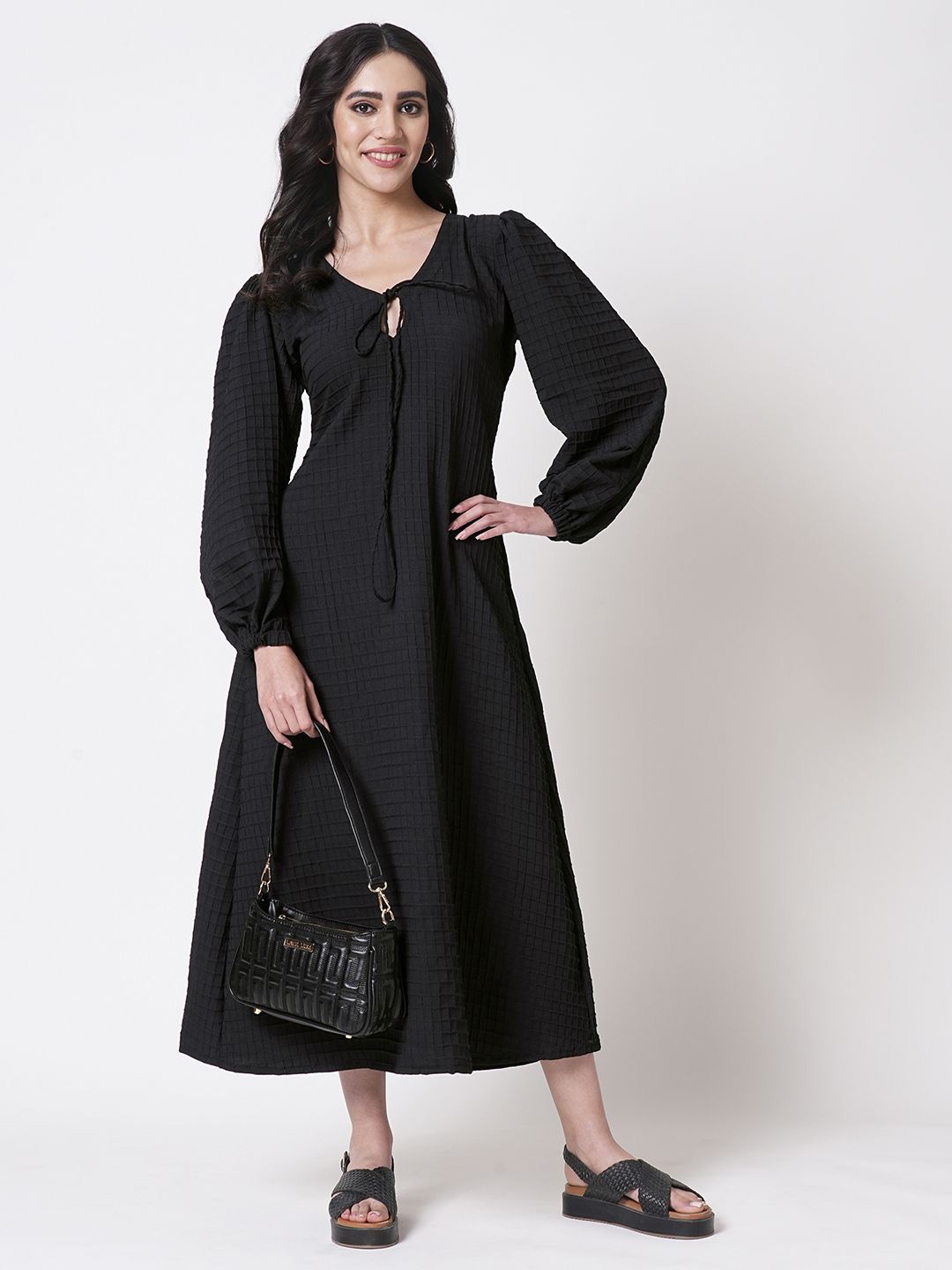 

15 BUTTONS Checked Tie-Up Neck Puff Sleeve Crepe Fit & Flare Midi Dress, Black