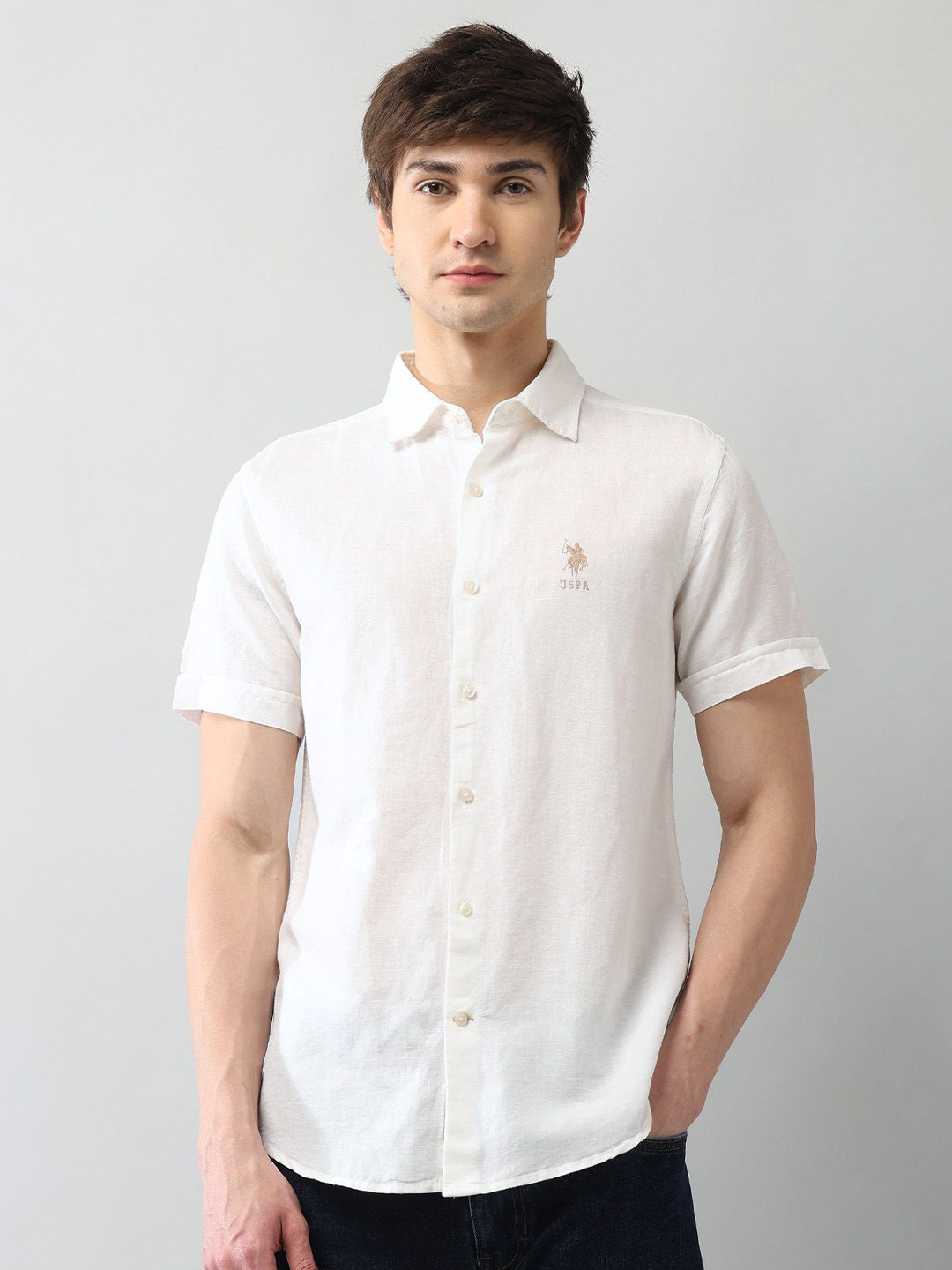 

U.S. Polo Assn. Denim Co. Men Classic Regular Fit Spread Collar Solid Linen Casual Shirt, White