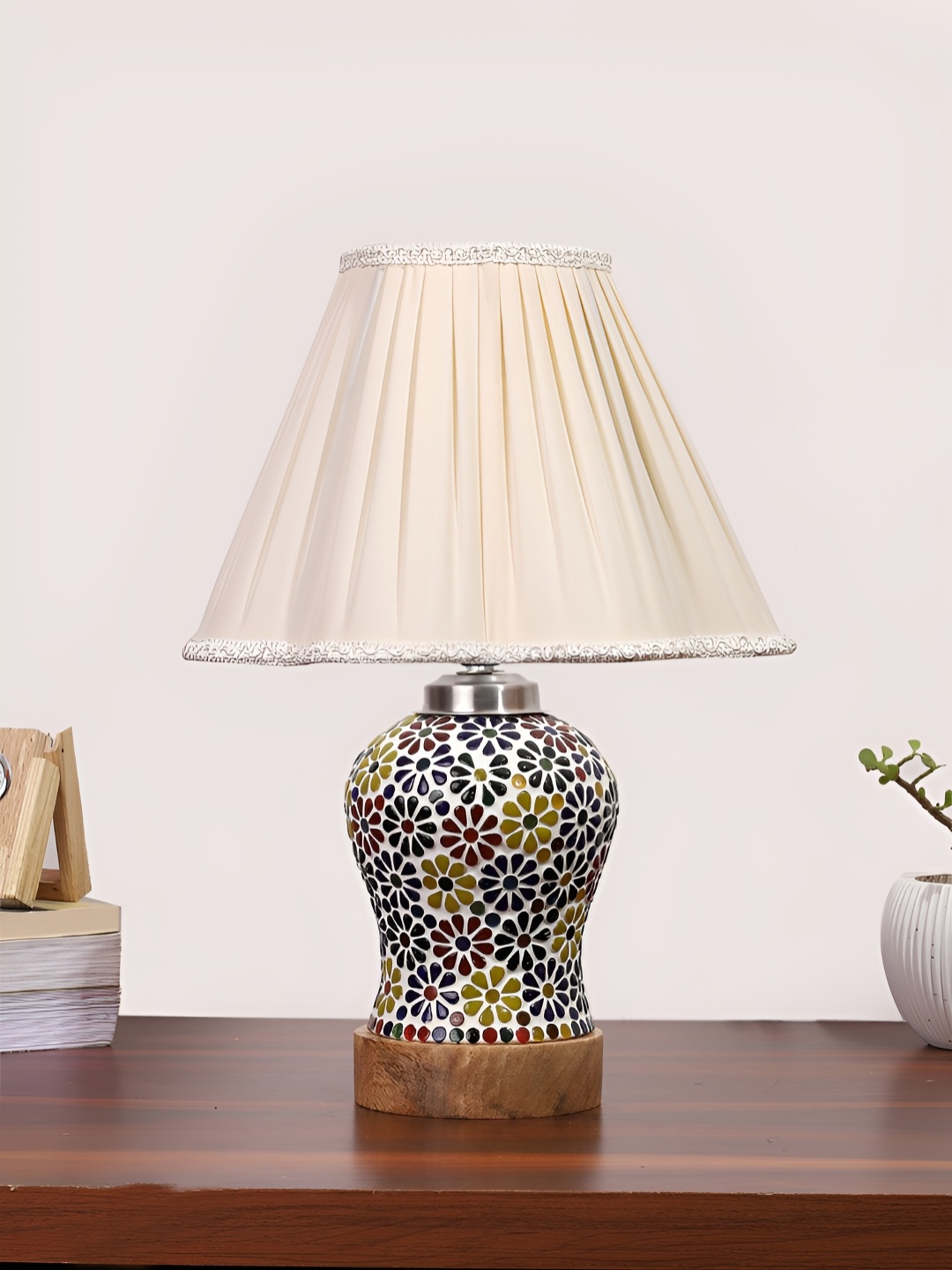 

Devansh Off White Textured Frustum Shaped Wooden Table Lamp