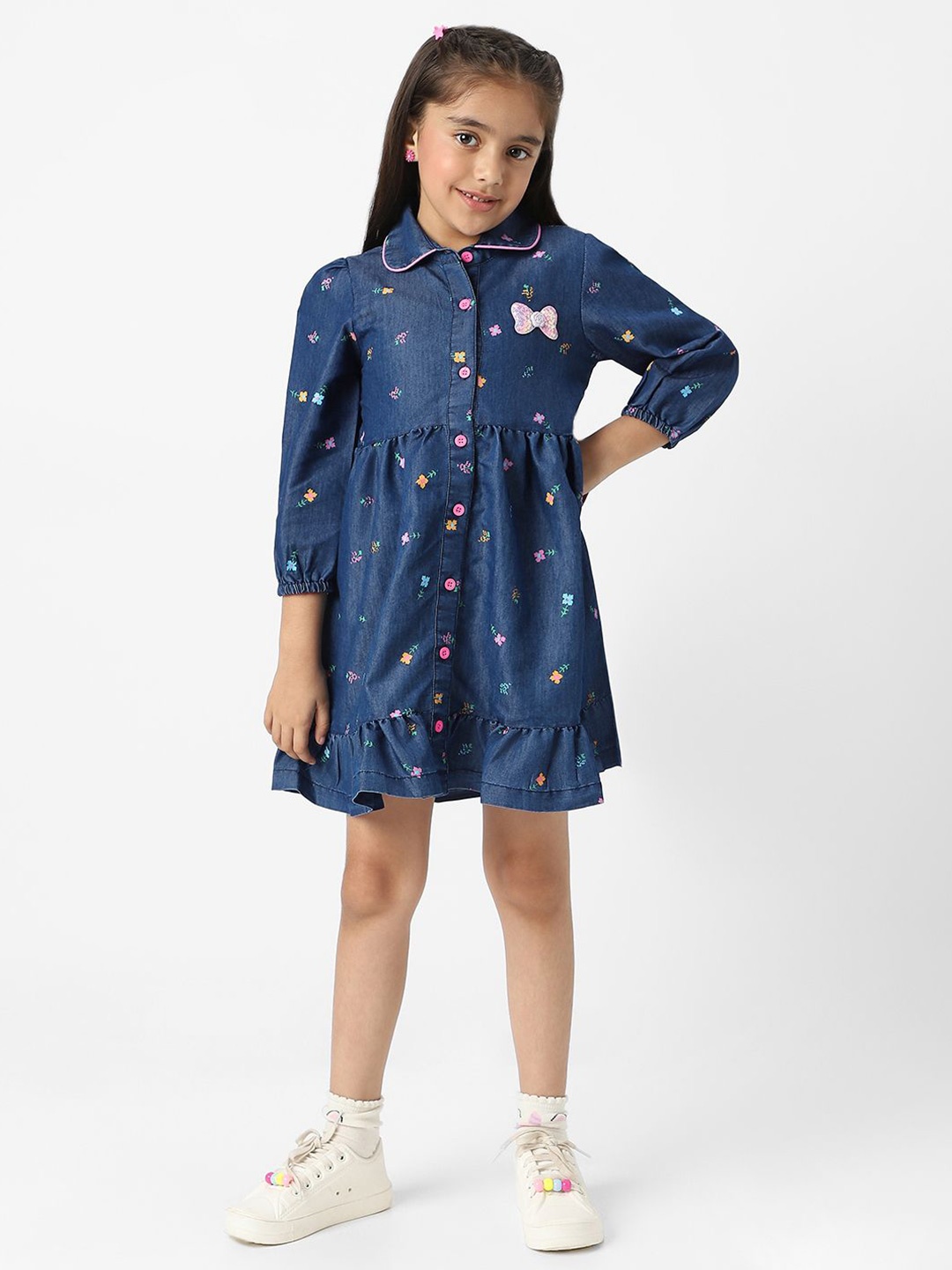 

Nauti Nati Girl Denim Shirt Dress With Puff Sleeves, Navy blue
