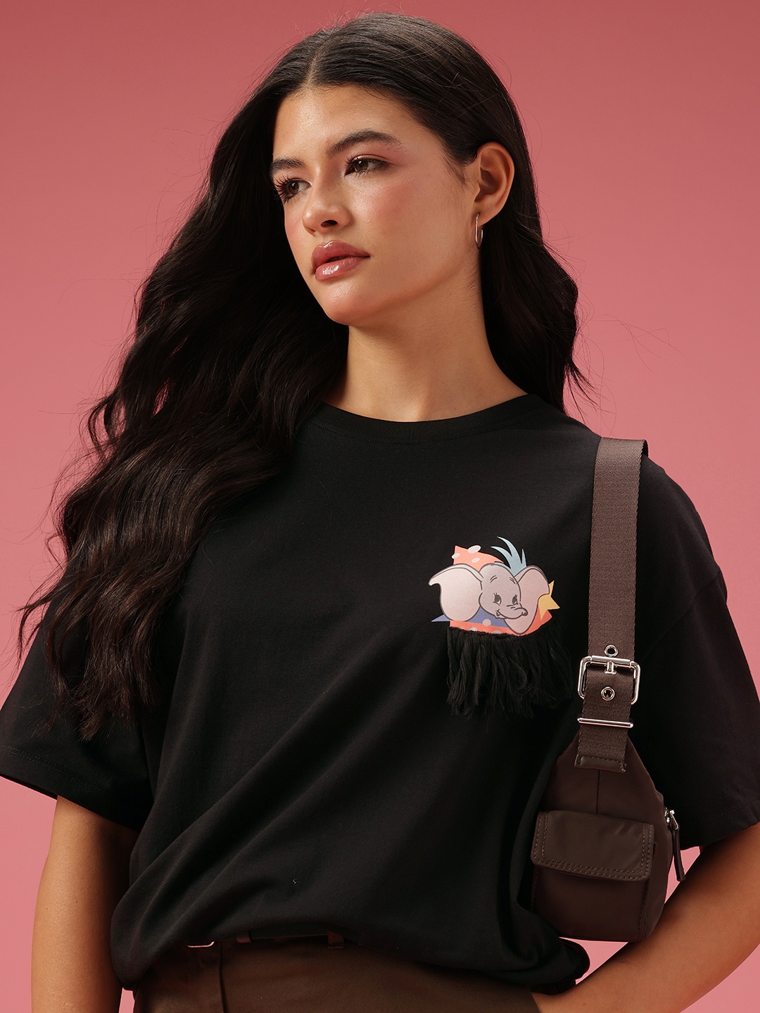 

DressBerry Relaxed Fit Dumbo Graphic Printed Pure Cotton T-shirt, Black