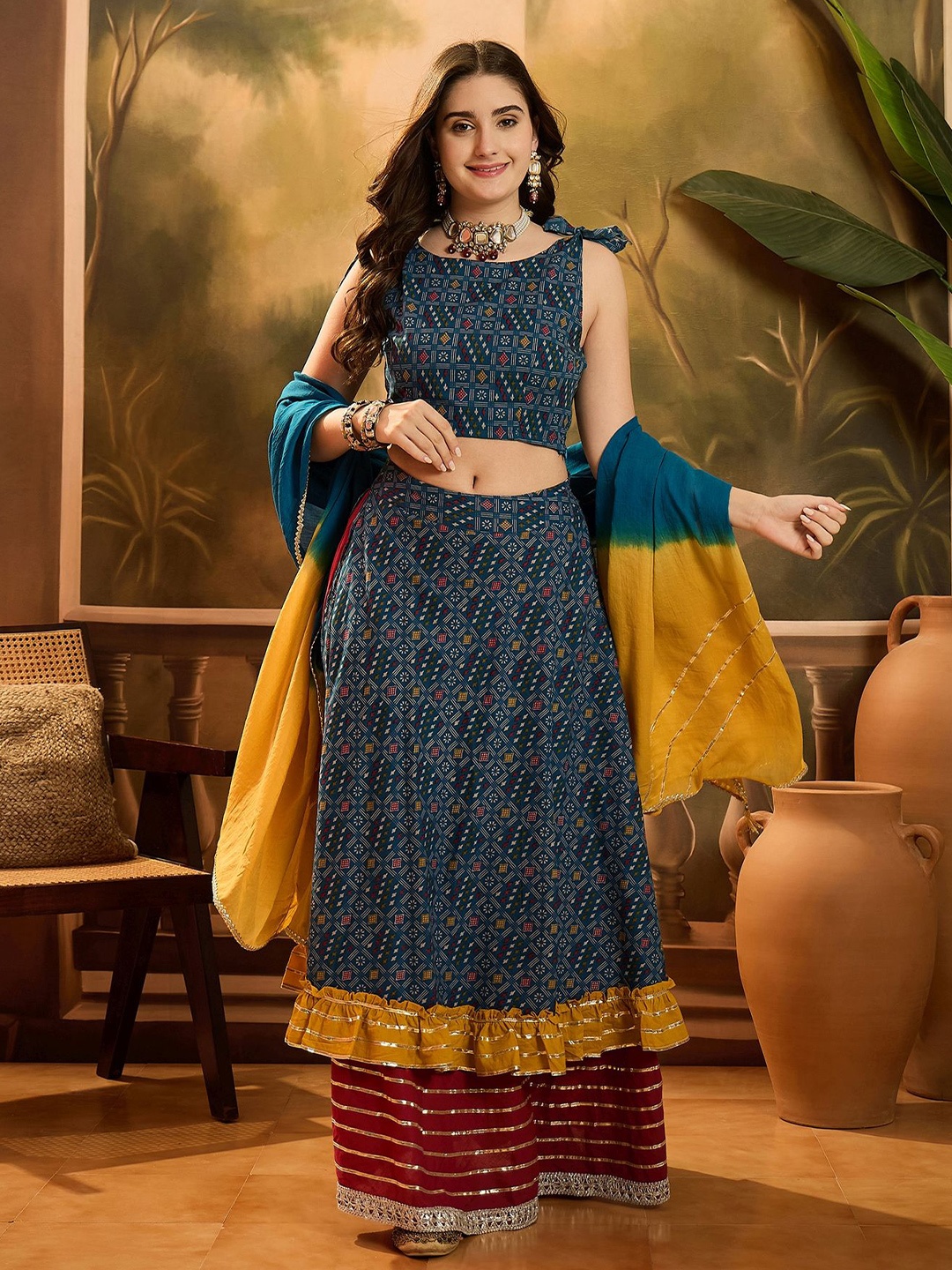 

Sangria Printed Ready To Wear Lehenga & Blouse With Dupatta, Blue