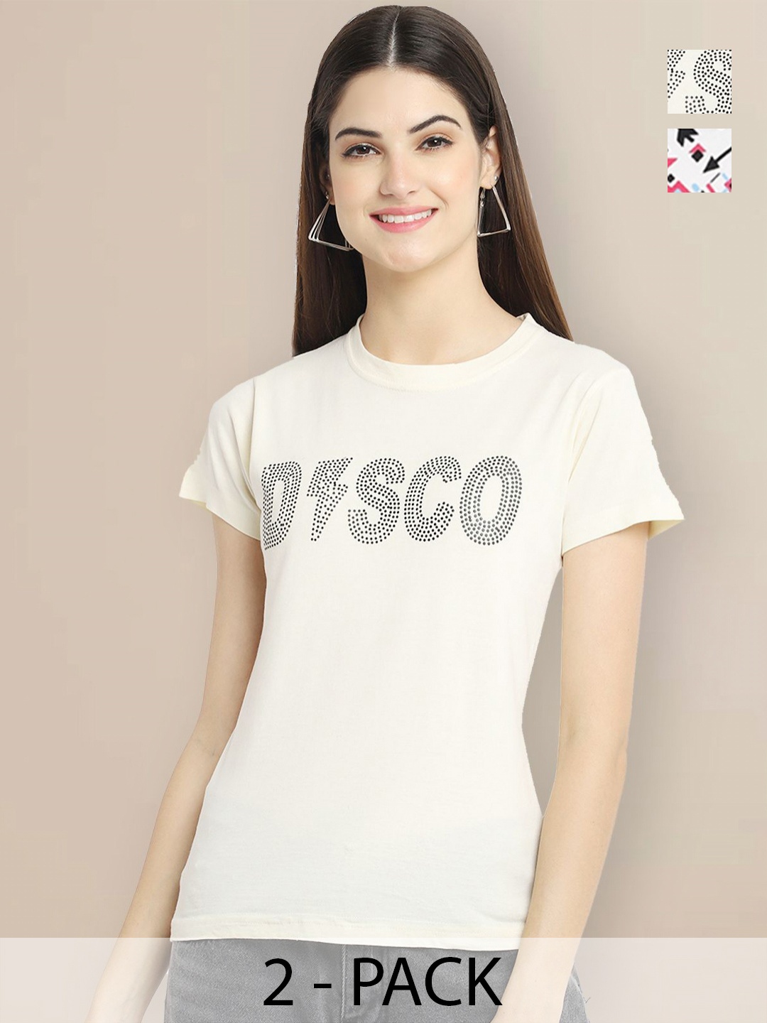 

GLOBAL NOMAD Women Pack of 2 Typography Printed Round Neck Cotton T-shirts, Cream