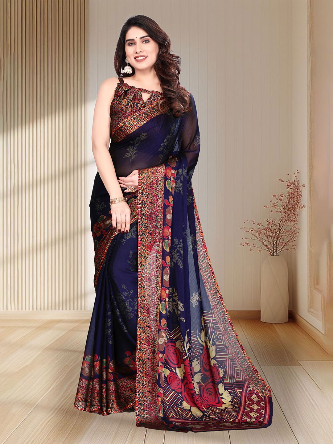 

SUPERLAXMI Floral Printed Pure Chiffon Saree, Navy blue