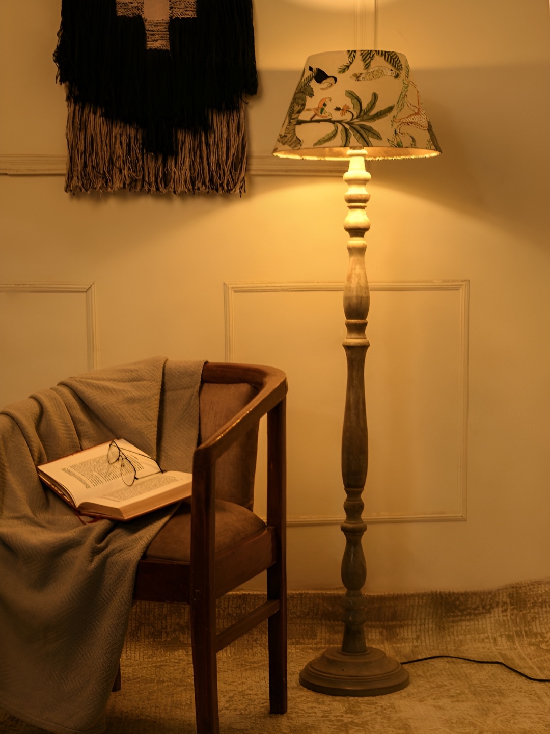 

green girgit Grey & Green Printed Wooden Frustum Shaped Floor Lamp