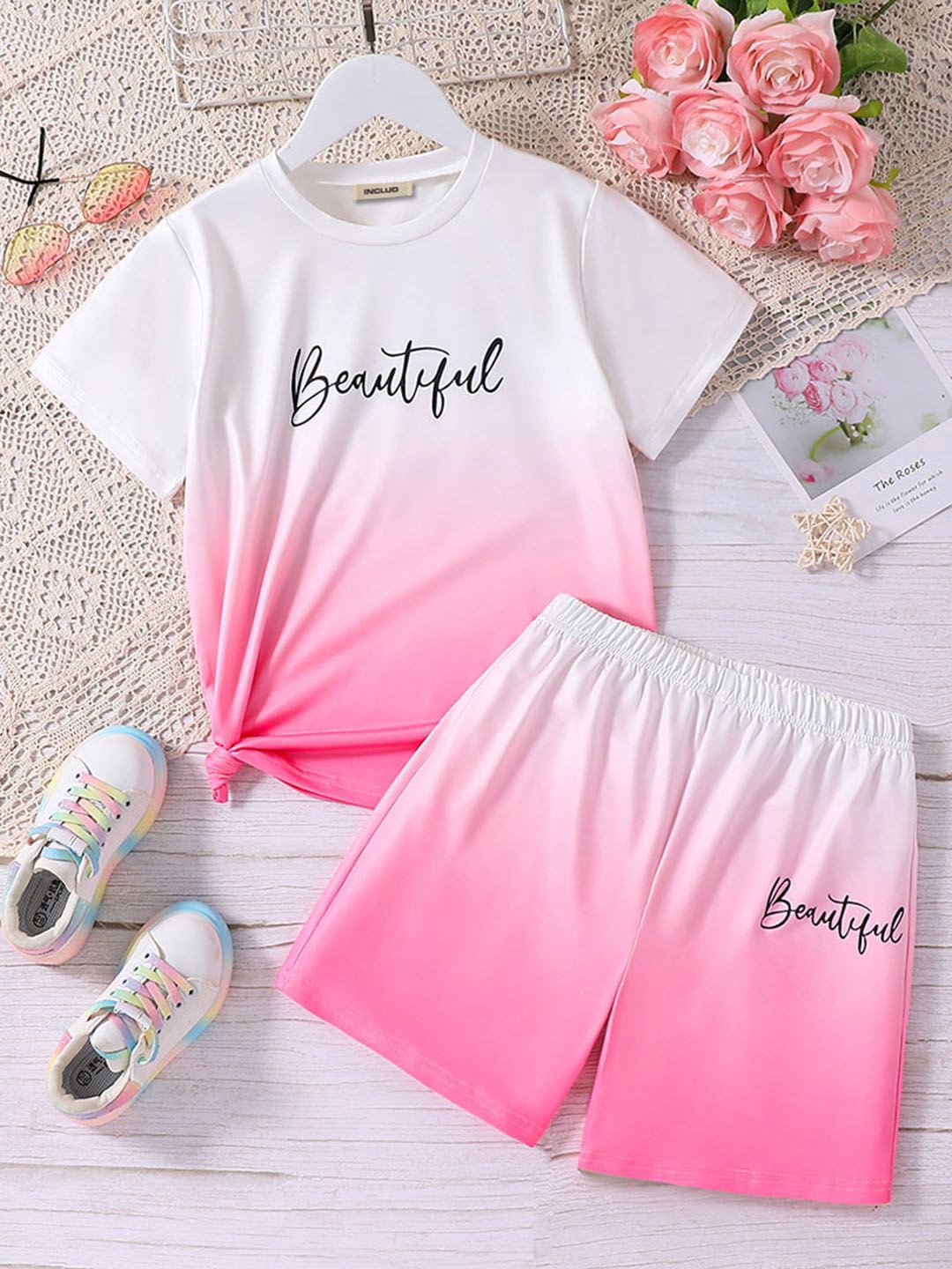 

INCLUD Girls Typographic Printed T-shirt With Shorts, Pink