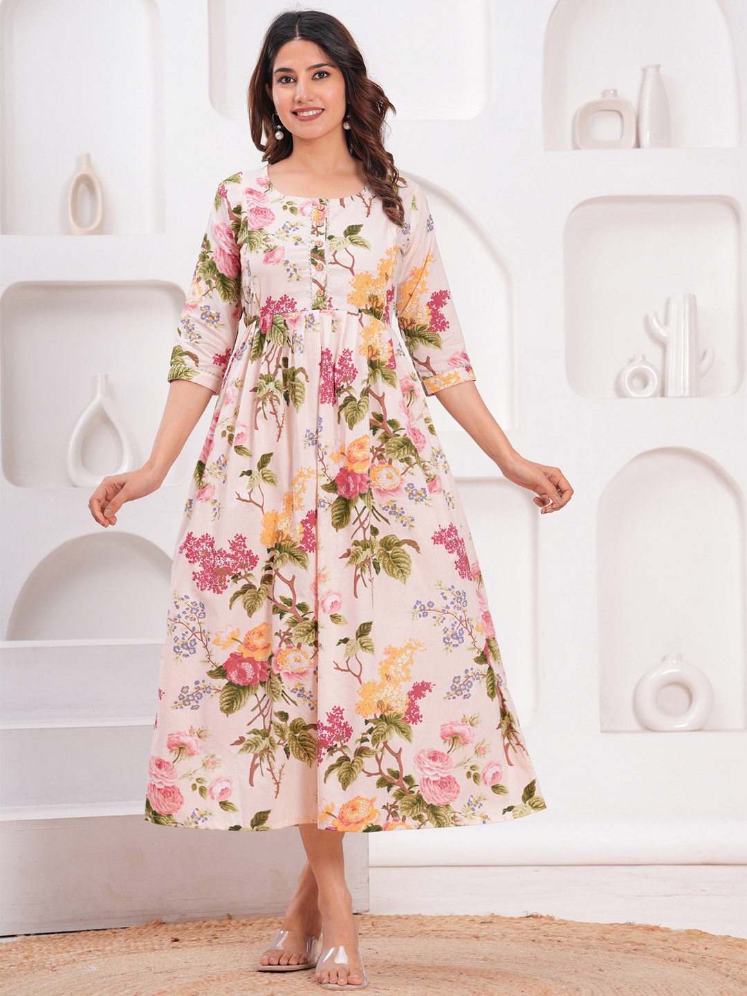 

NITVAN Floral Printed Cotton Sequinned Maternity A-Line Ethnic Dress, Cream